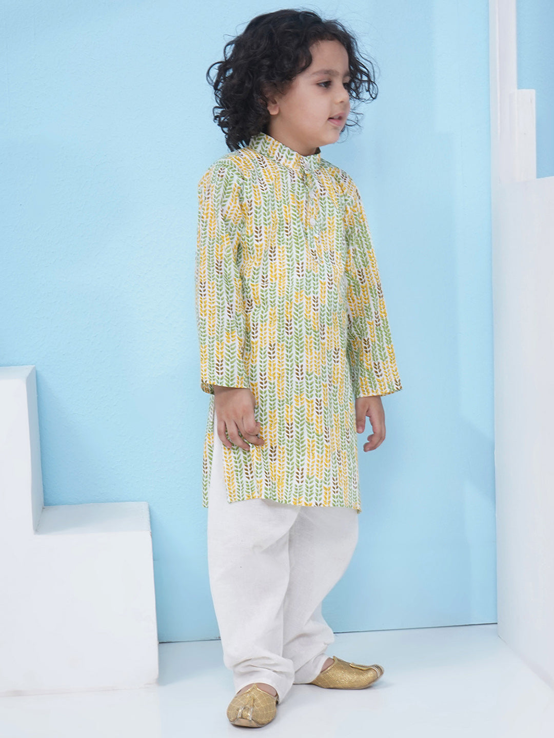 Boys Floral Printed Cotton Kurta with Pajama - Green & Yellow