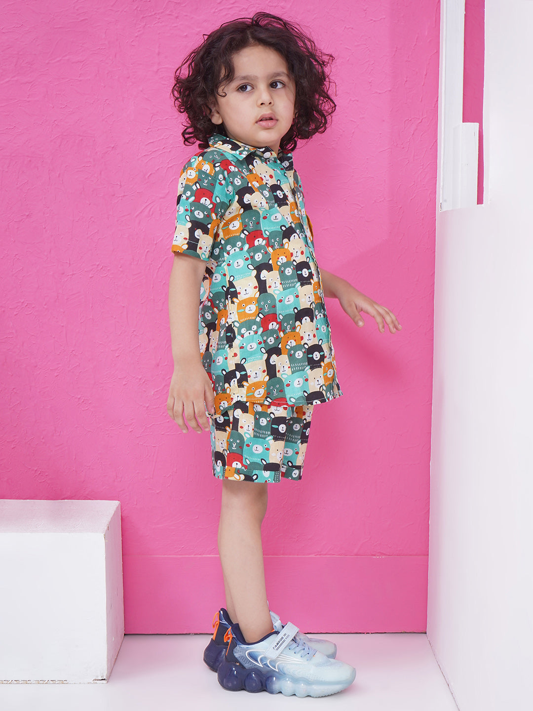 Boys Printed Short Set - Cyan & Orange