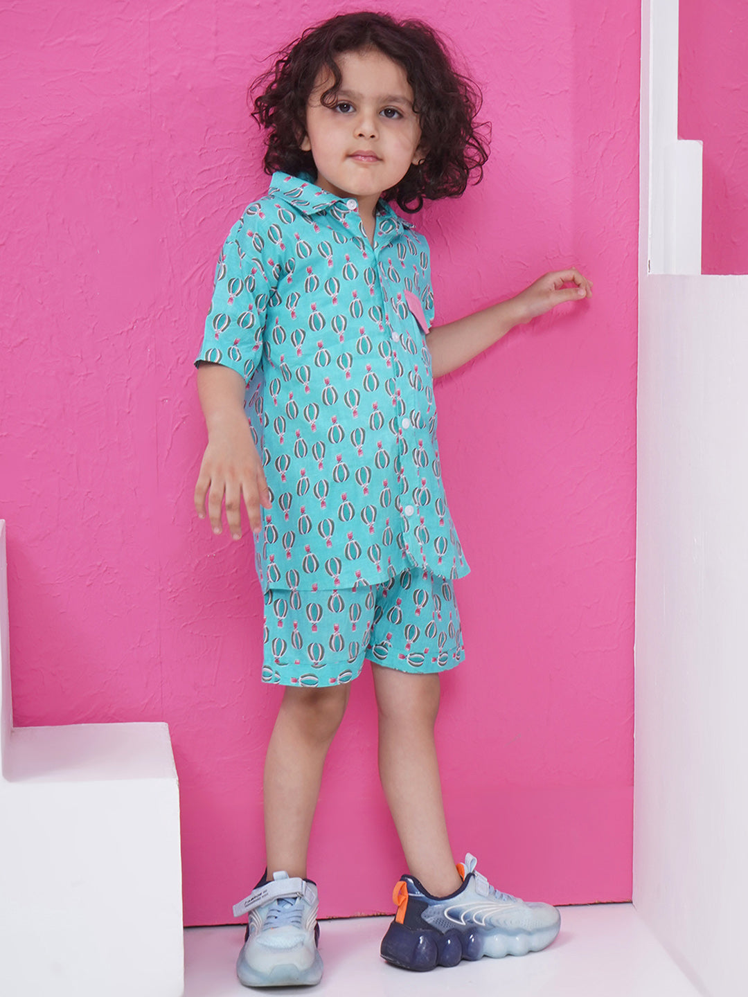 Boys Printed Short Set - Aqua Blue
