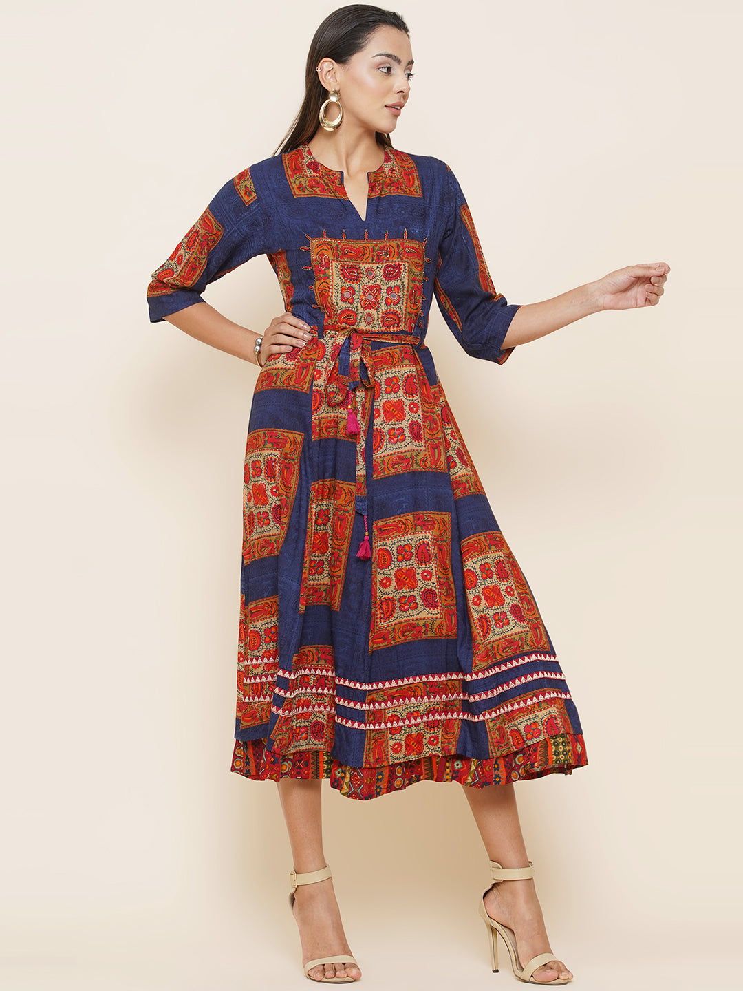 Motifs Printed Dress - Blue & Orange