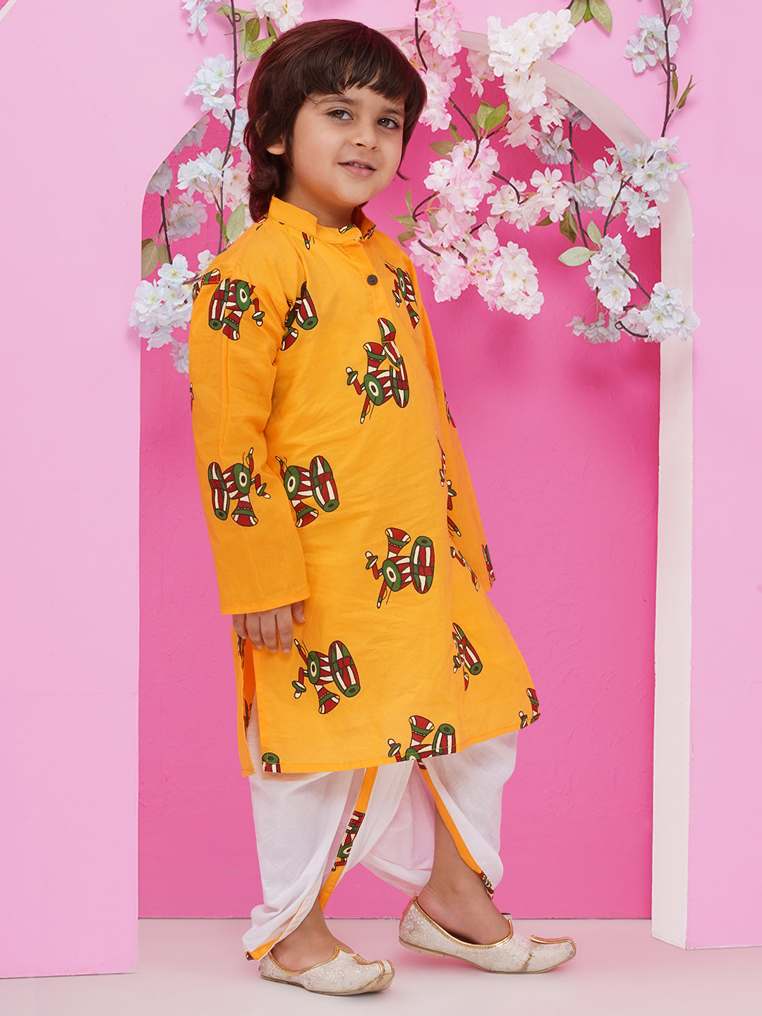 Boys Motifs Print Cotton Kurta with Dhoti - Yellow