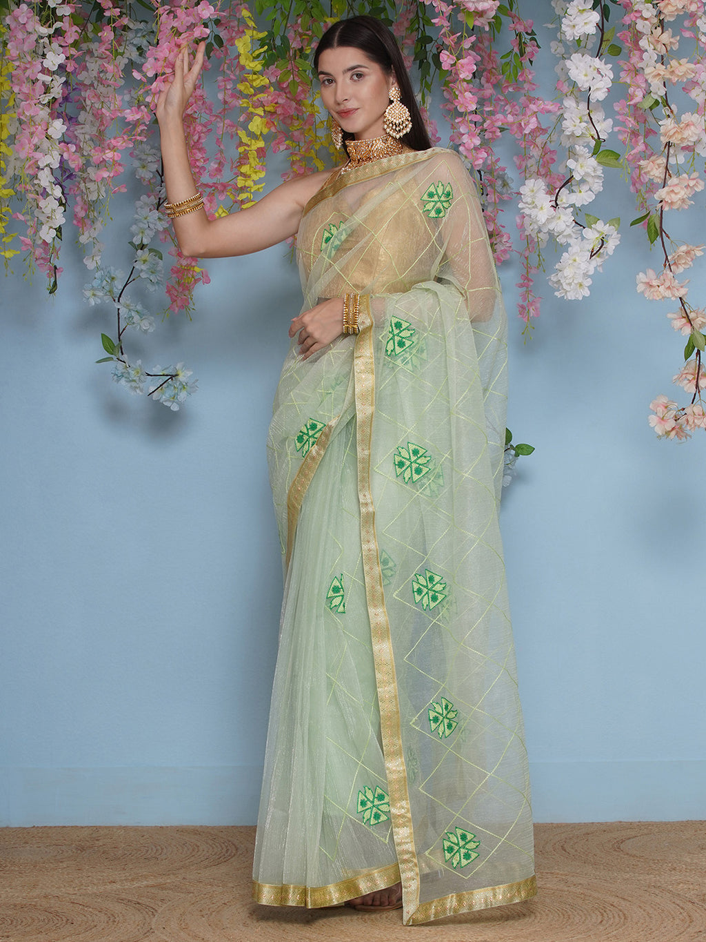 Net Embroidery Saree - Light Green