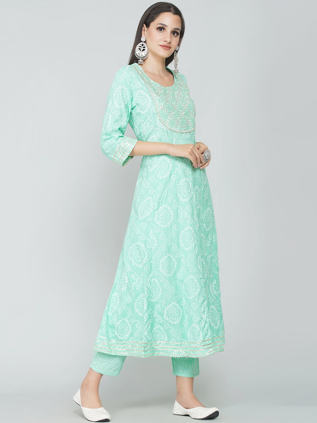 Gota Patti Bandhani Print Suit Set - Aqua Green