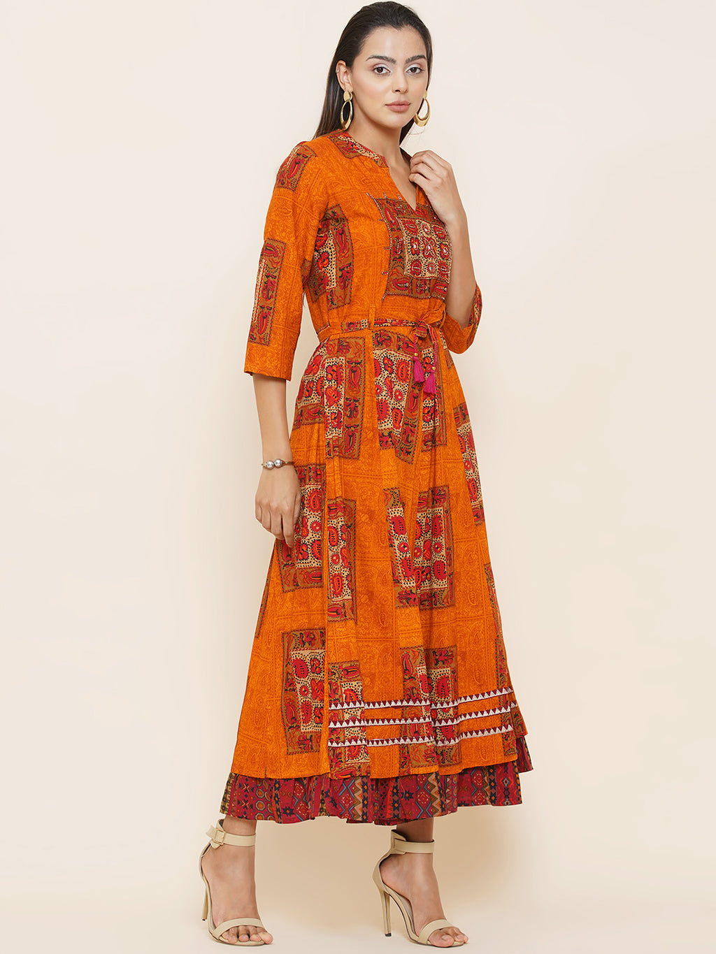 Motifs Printed Dress - Orange