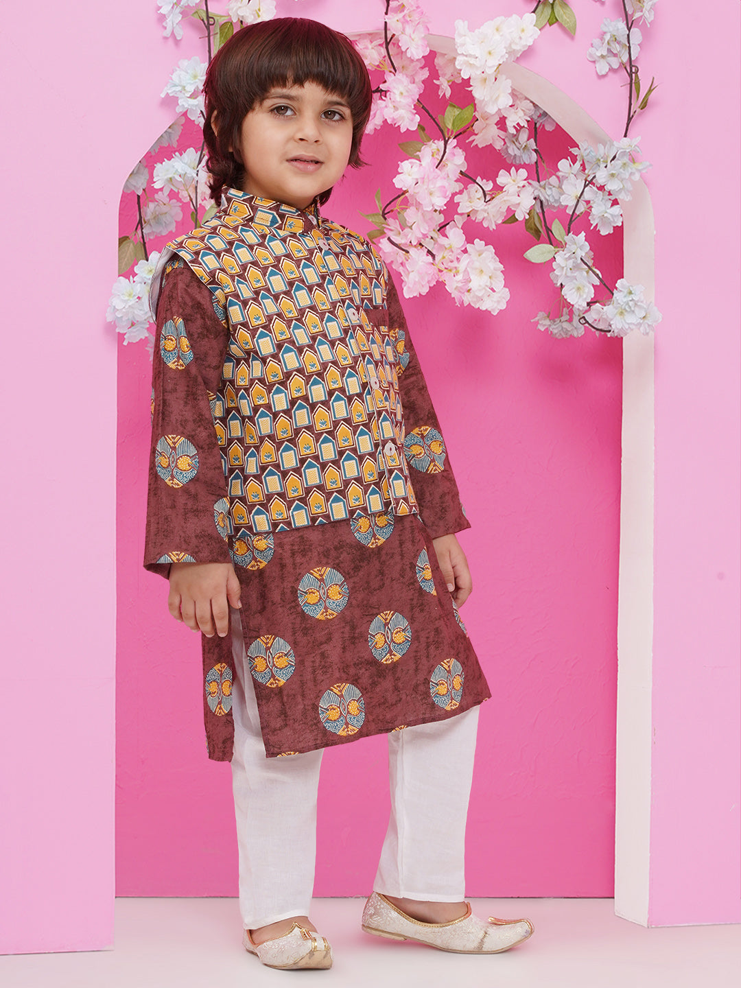 Boys Ajrakh Bundi Cotton Kurta Pajama with Jacket - Brown