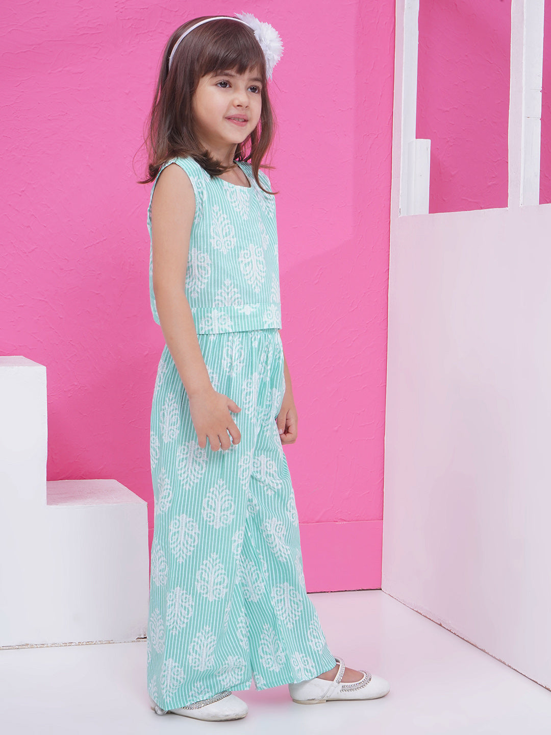 Girls Block Print Co-Ord Set - Mint Green