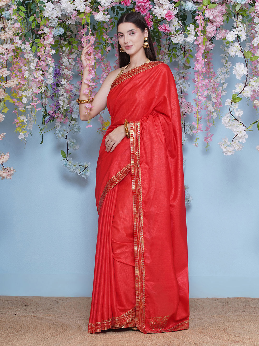 Svaroski Buta Silk Blend Saree - Cherry Red