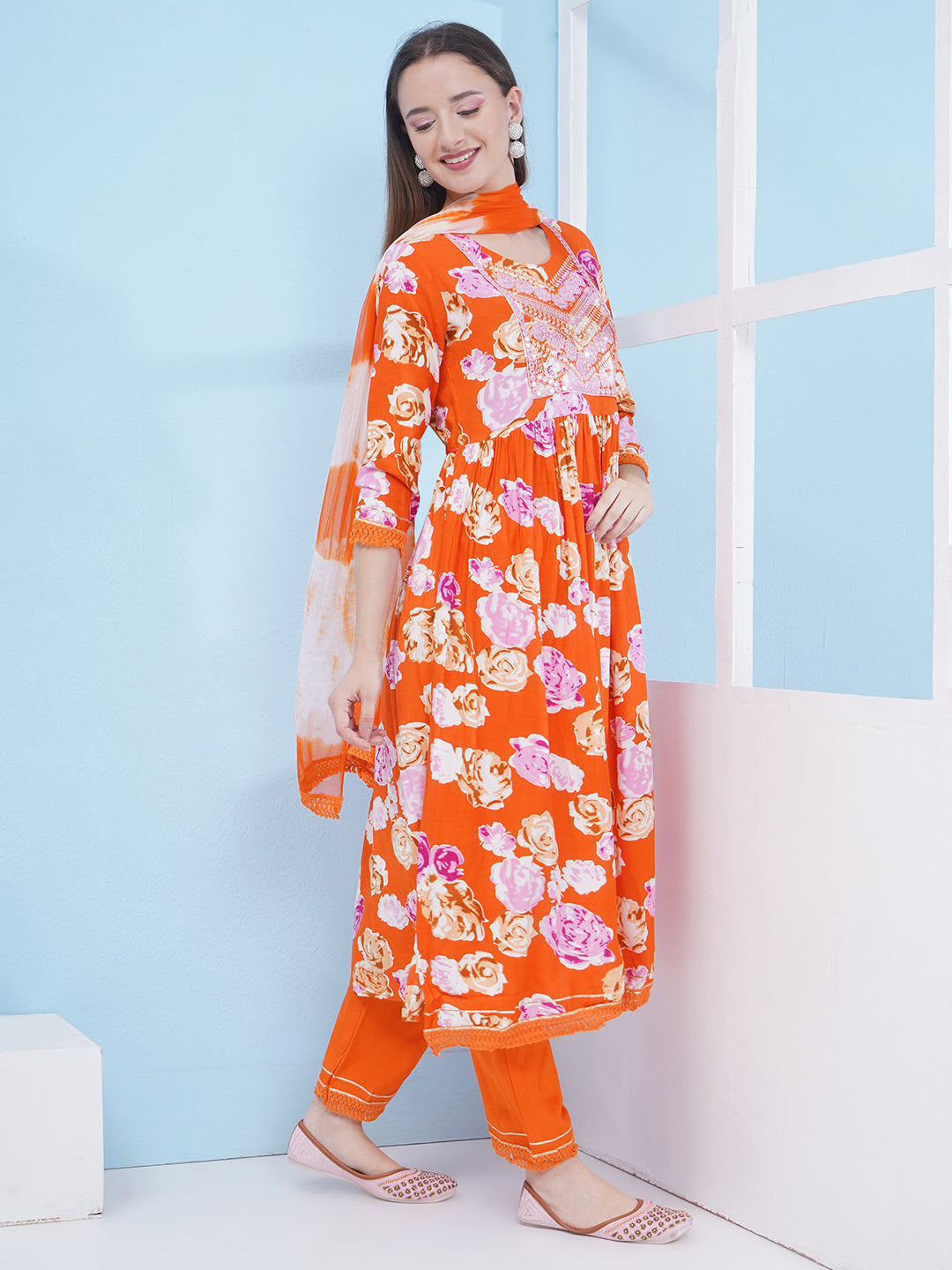 Nyra Cut Floral Print Suit Set - Orange