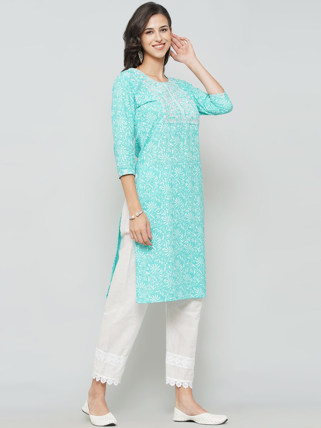 A-Line Kurti Pant Set - Cyan