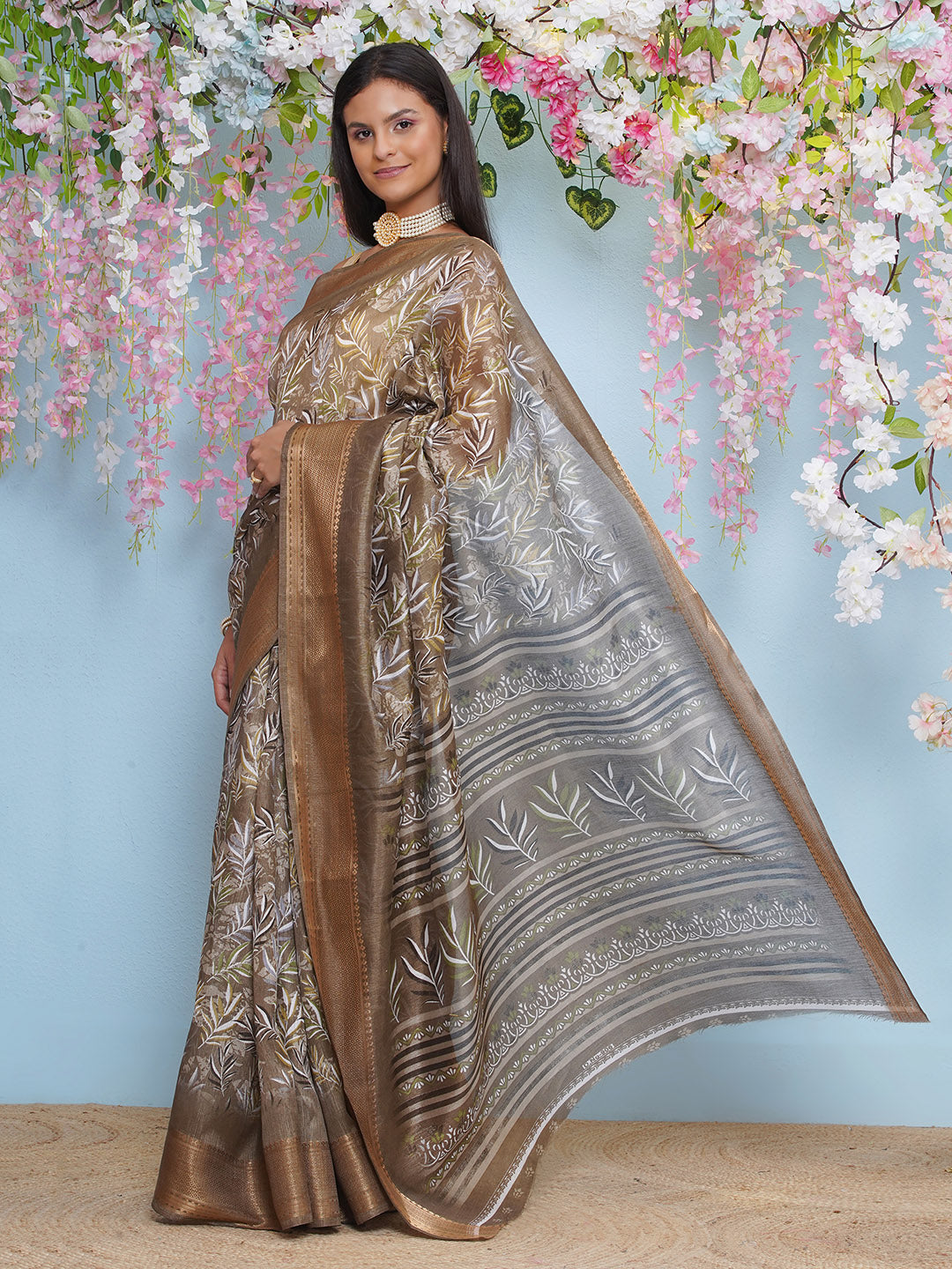 Cotton Silk Batik Print Saree - Brown
