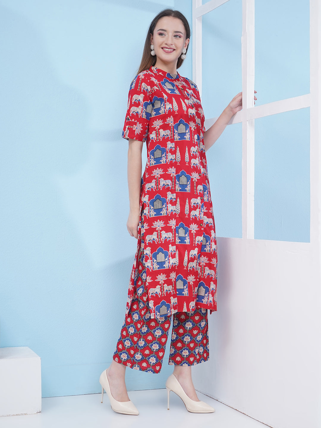 Printed Co-Ord Set for Women - Red & Blue