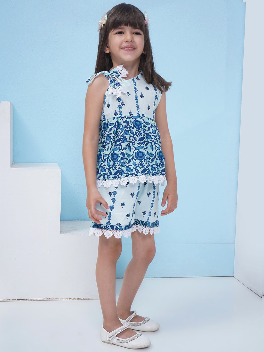 Girls Floral Printed Cotton Co-Ord Set - Blue