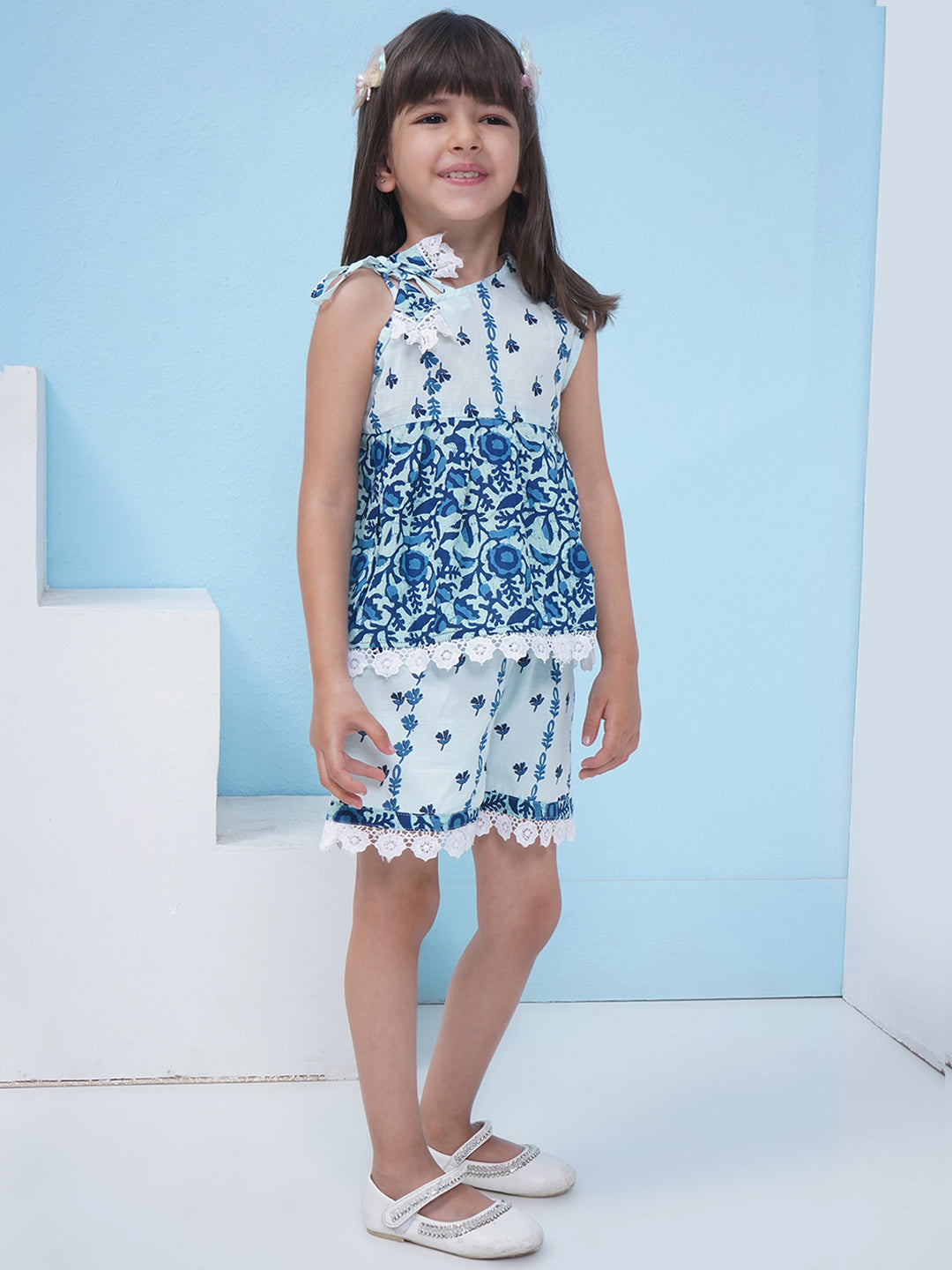 Girls Floral Printed Cotton Co-Ord Set - Blue