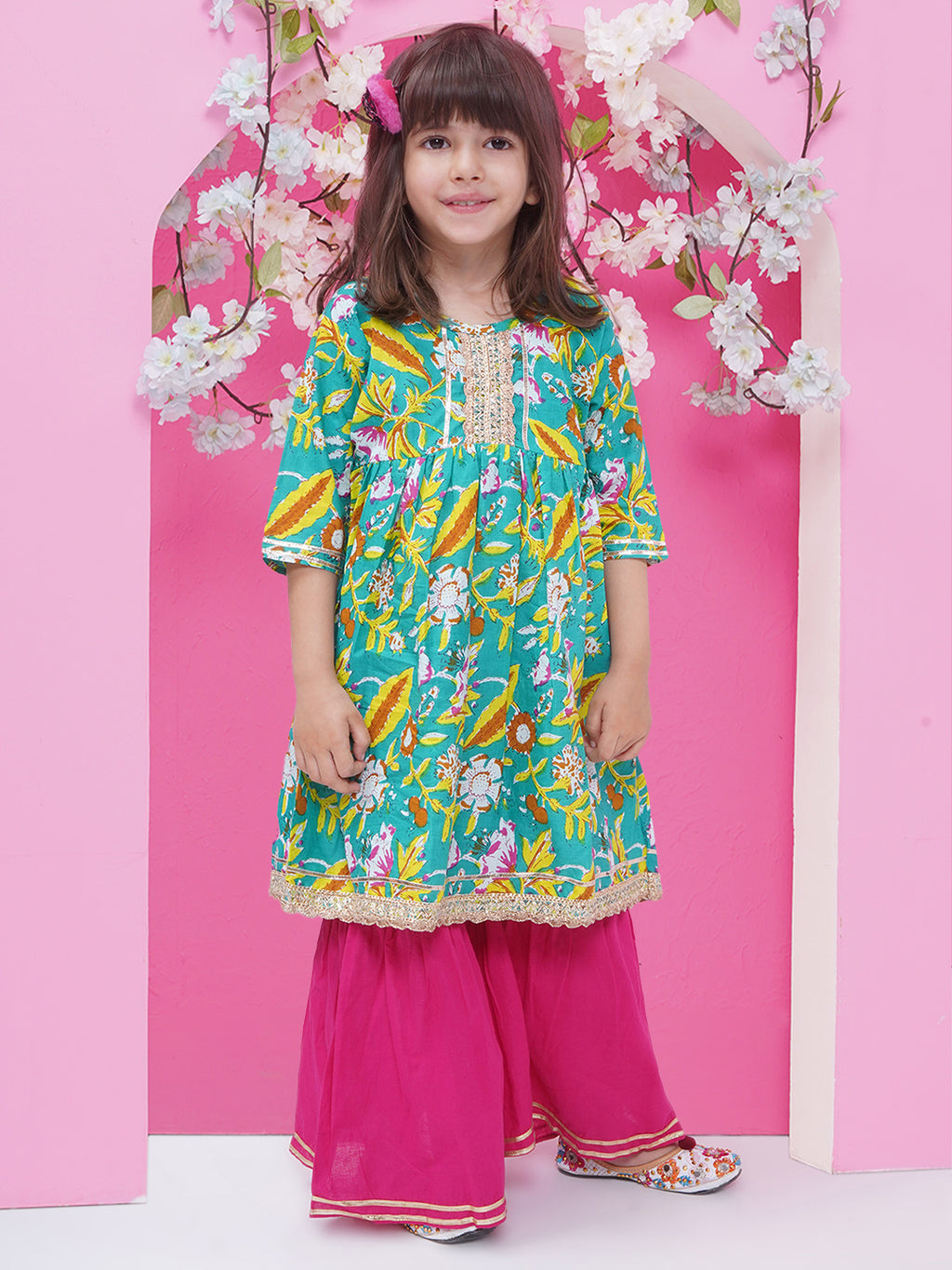 Girls Floral Printed Gotta Patti Pure Cotton Sharara - Green & Pink