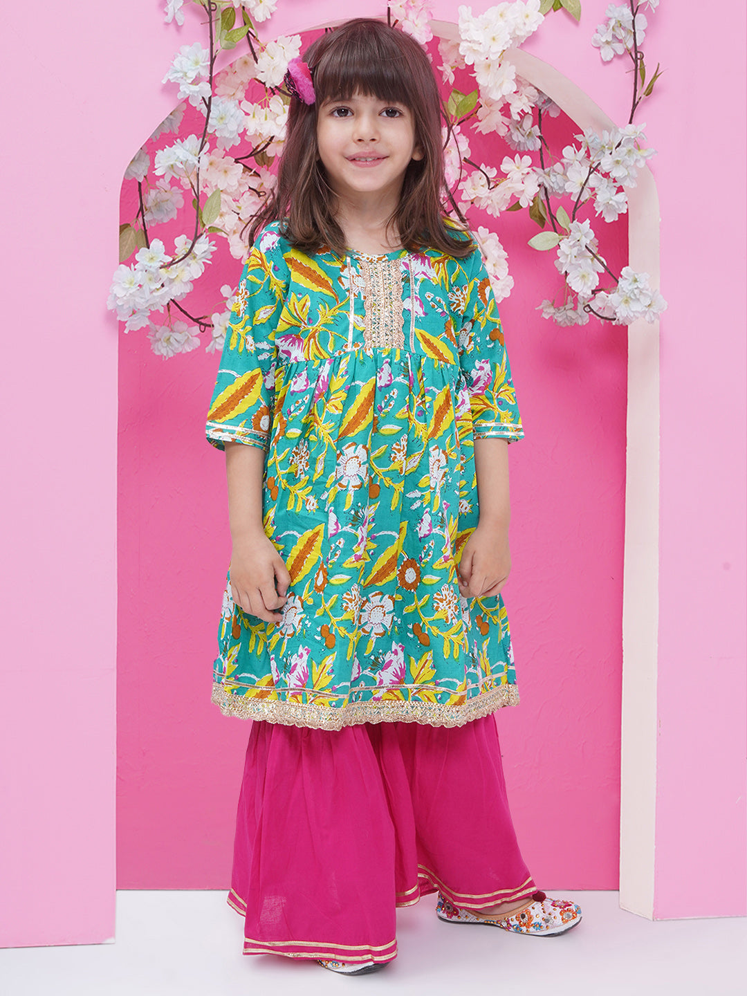 Girls Floral Printed Gotta Patti Pure Cotton Sharara - Green & Pink