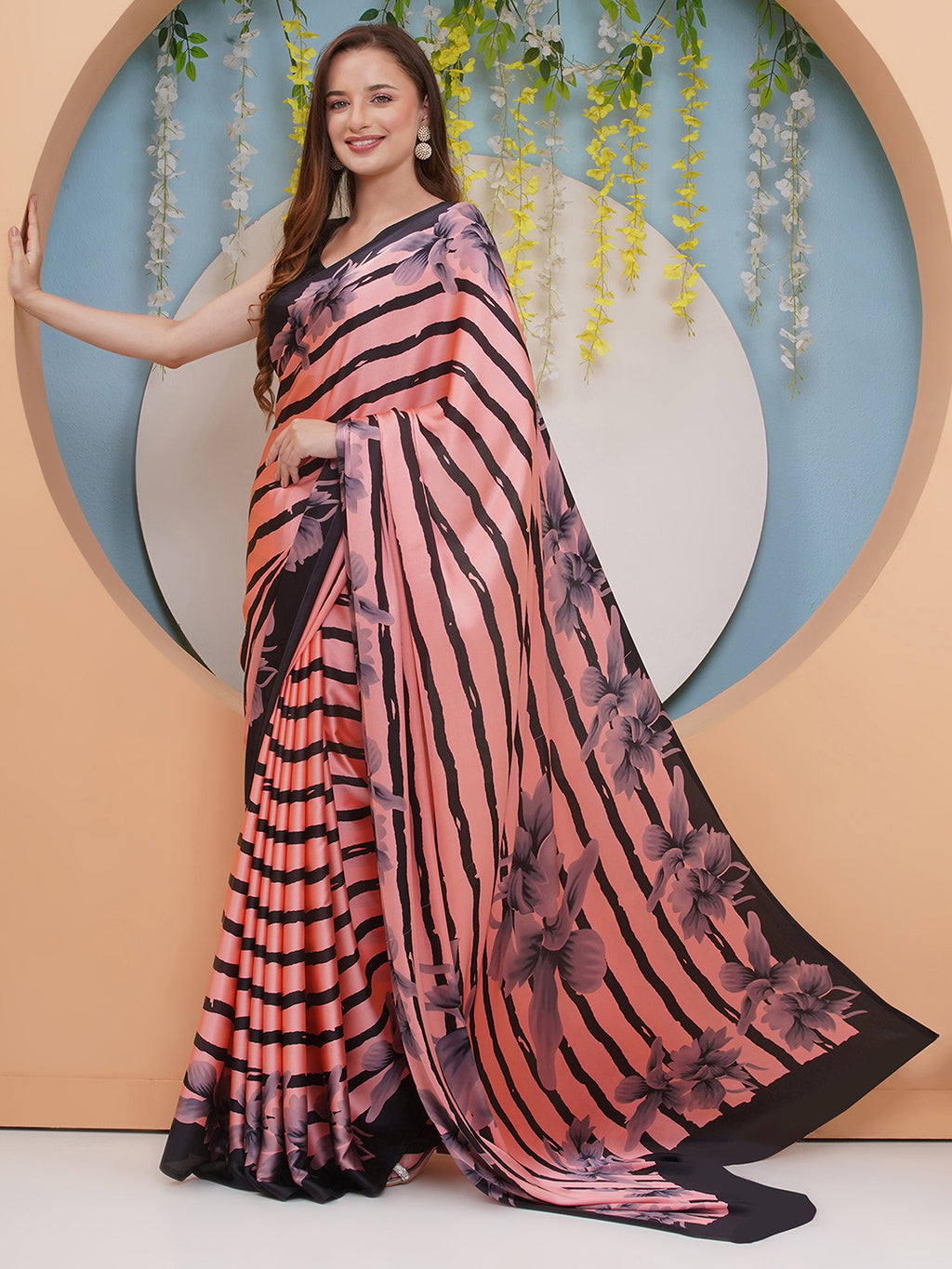 Graphic Printed Crepe-Silk Saree - Peach & Black