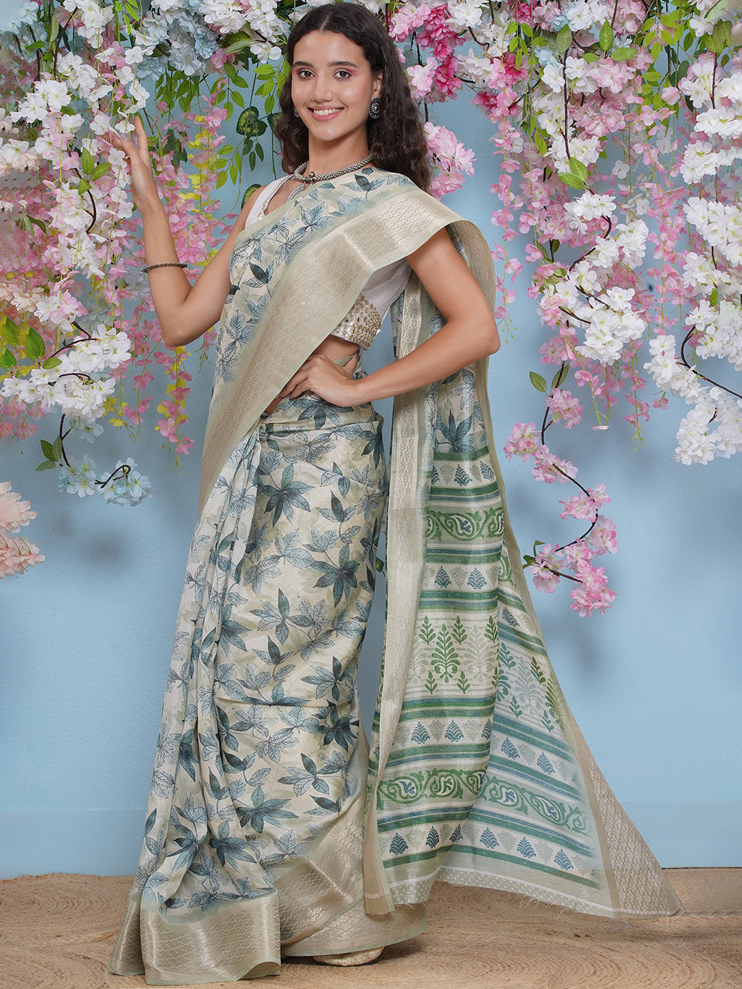 Cotton Silk Jacobean Pattern Saree - Green