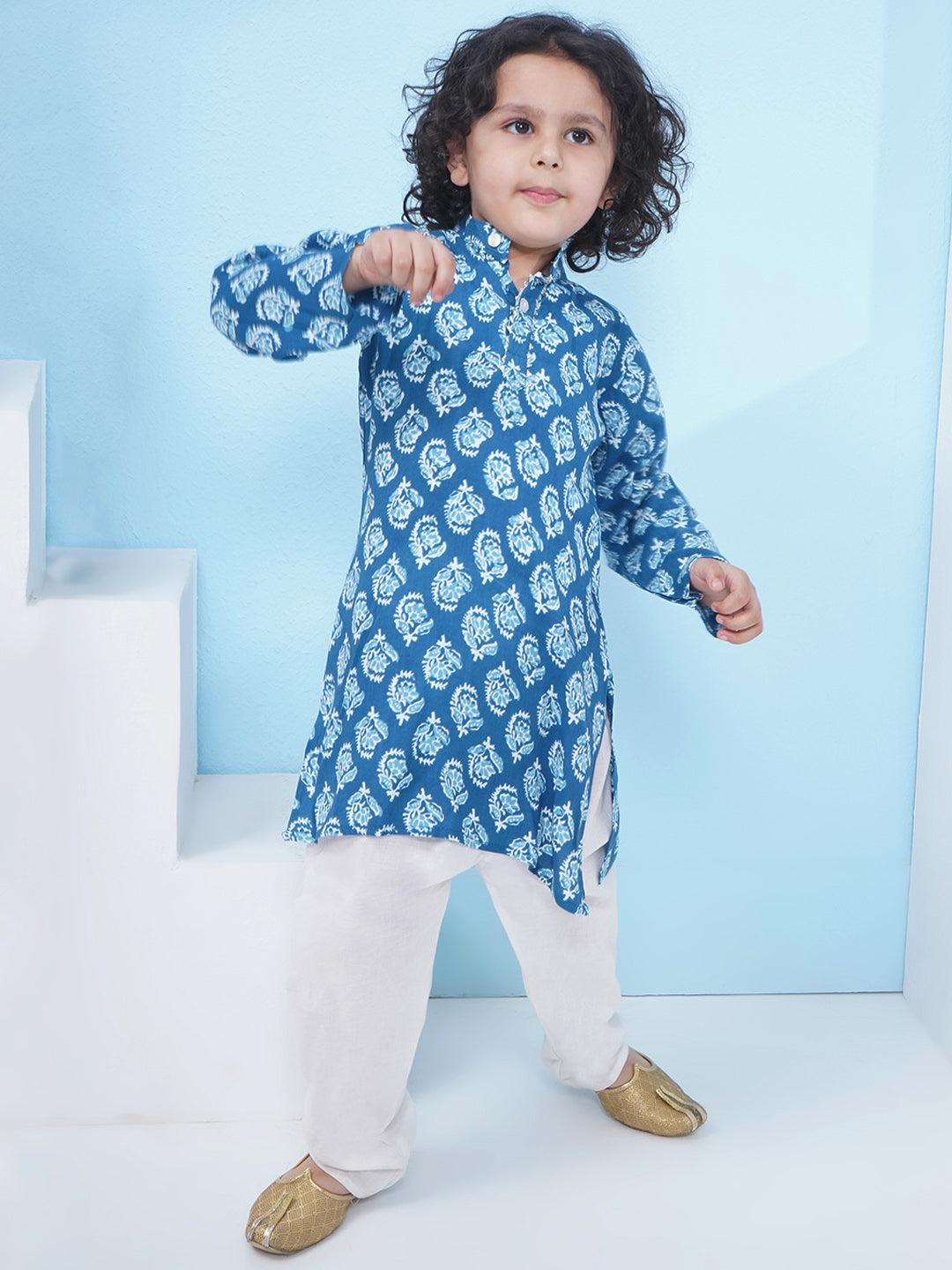 Boys Block Printed Cotton Kurta with Pajama - Blue