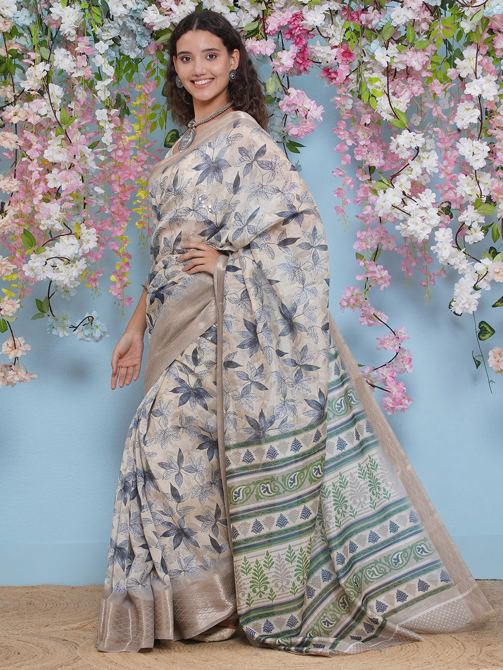 Cotton Silk Jacobean Pattern Saree - Metallic Grey