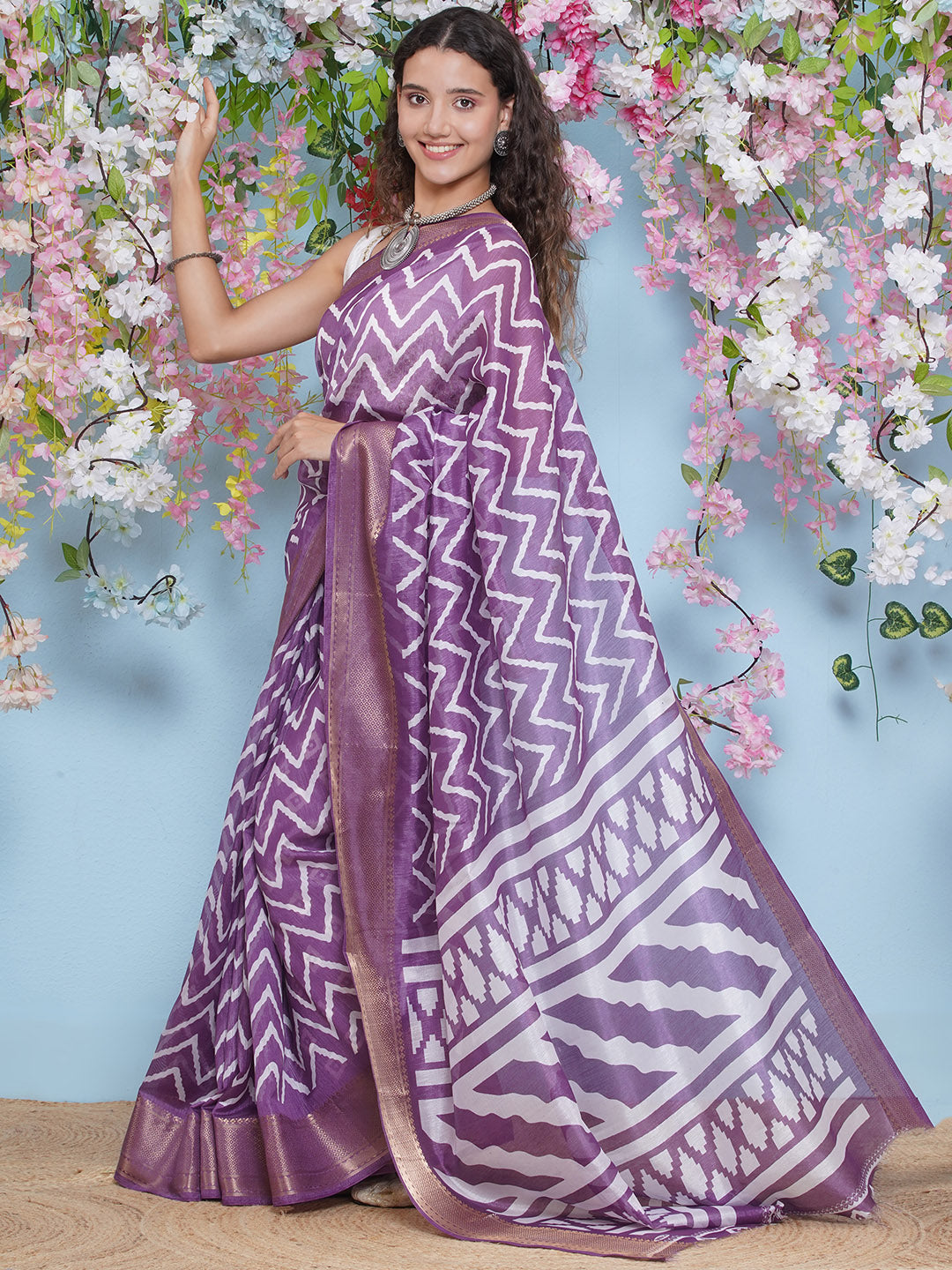 Cotton Silk Chevron Pattern Saree - Purple