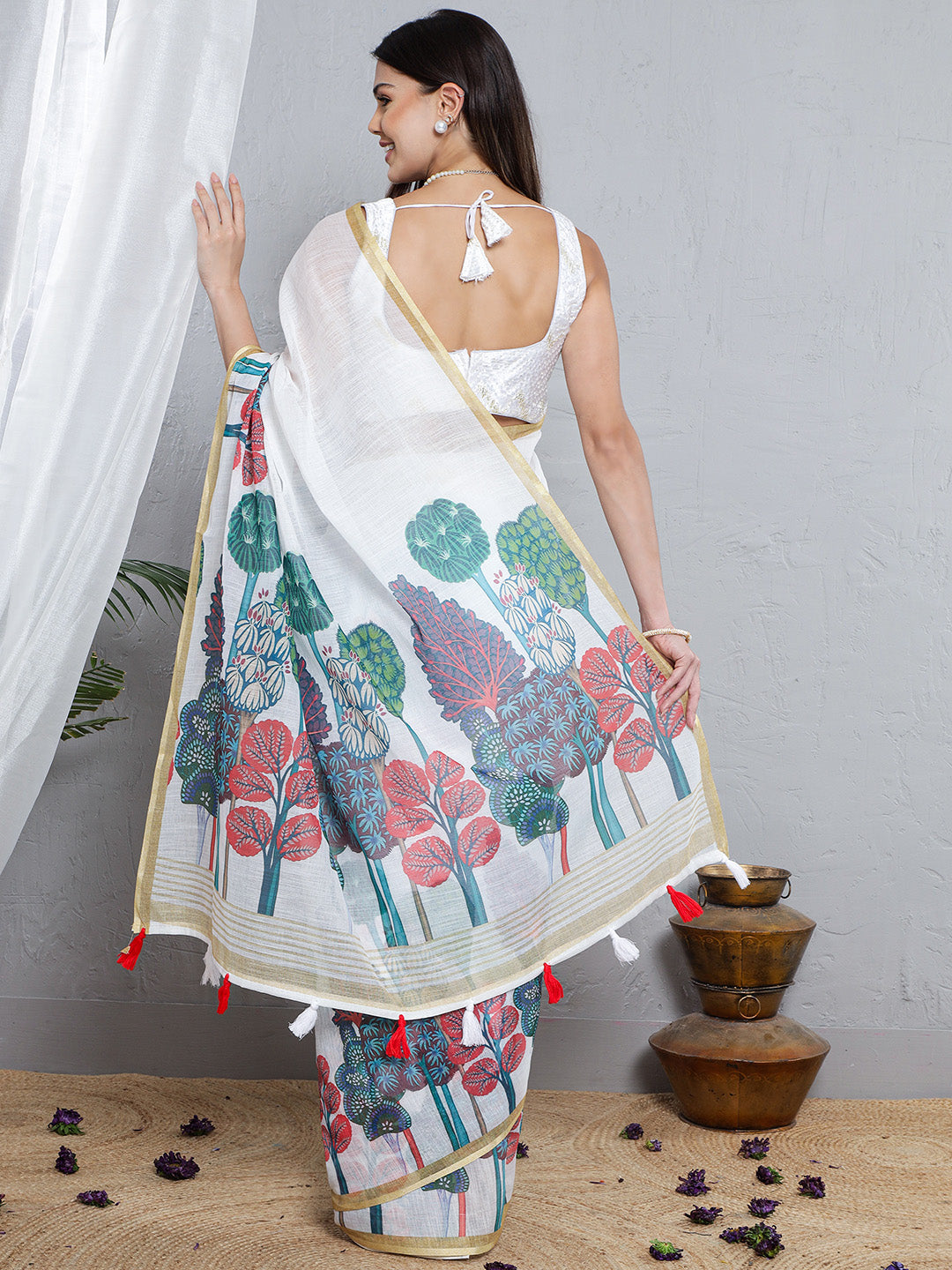 Printed Soft Linen Saree - Blue