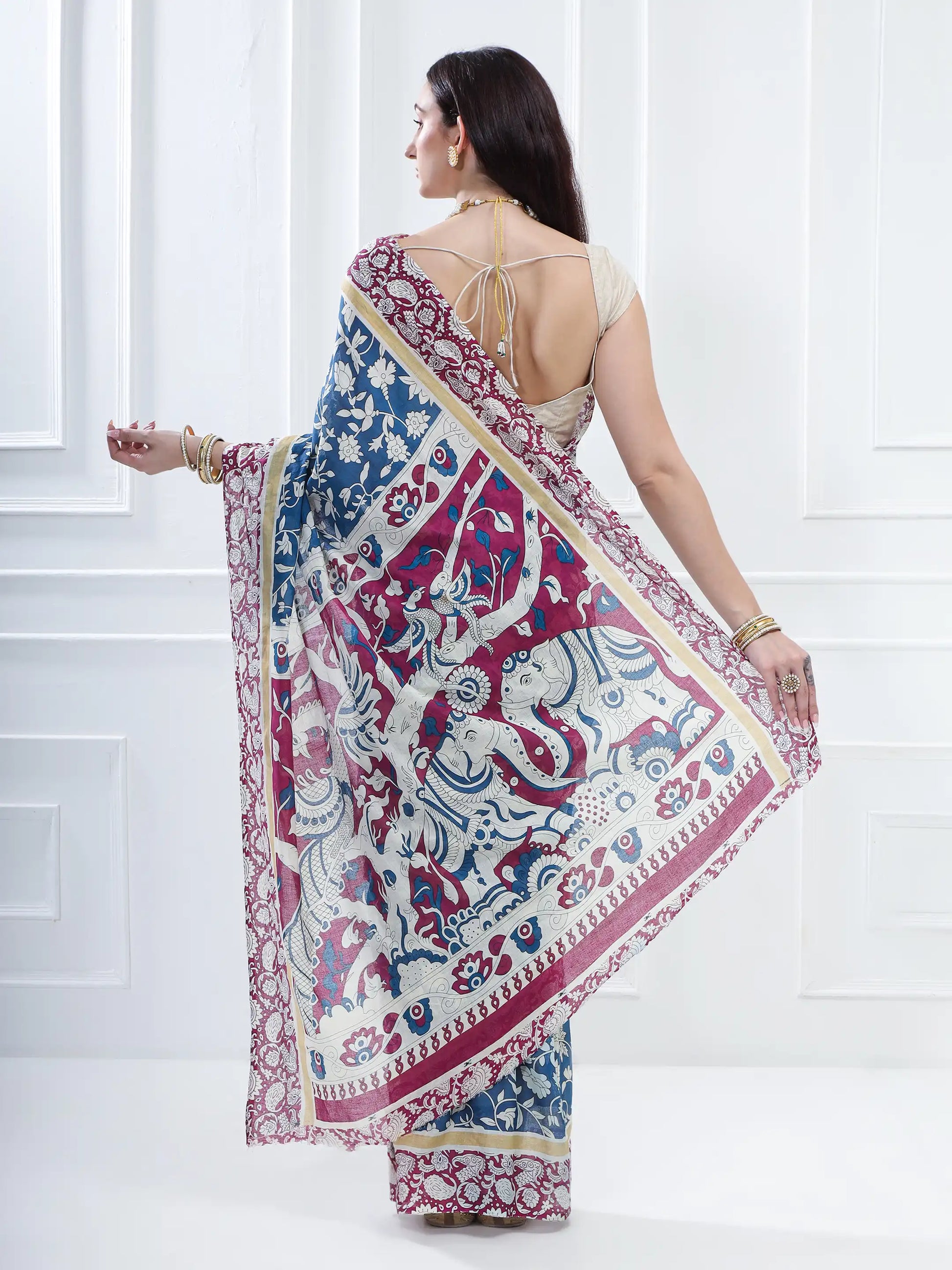 Ajrakh Print Cotton Saree - Sea Blue & Magenta