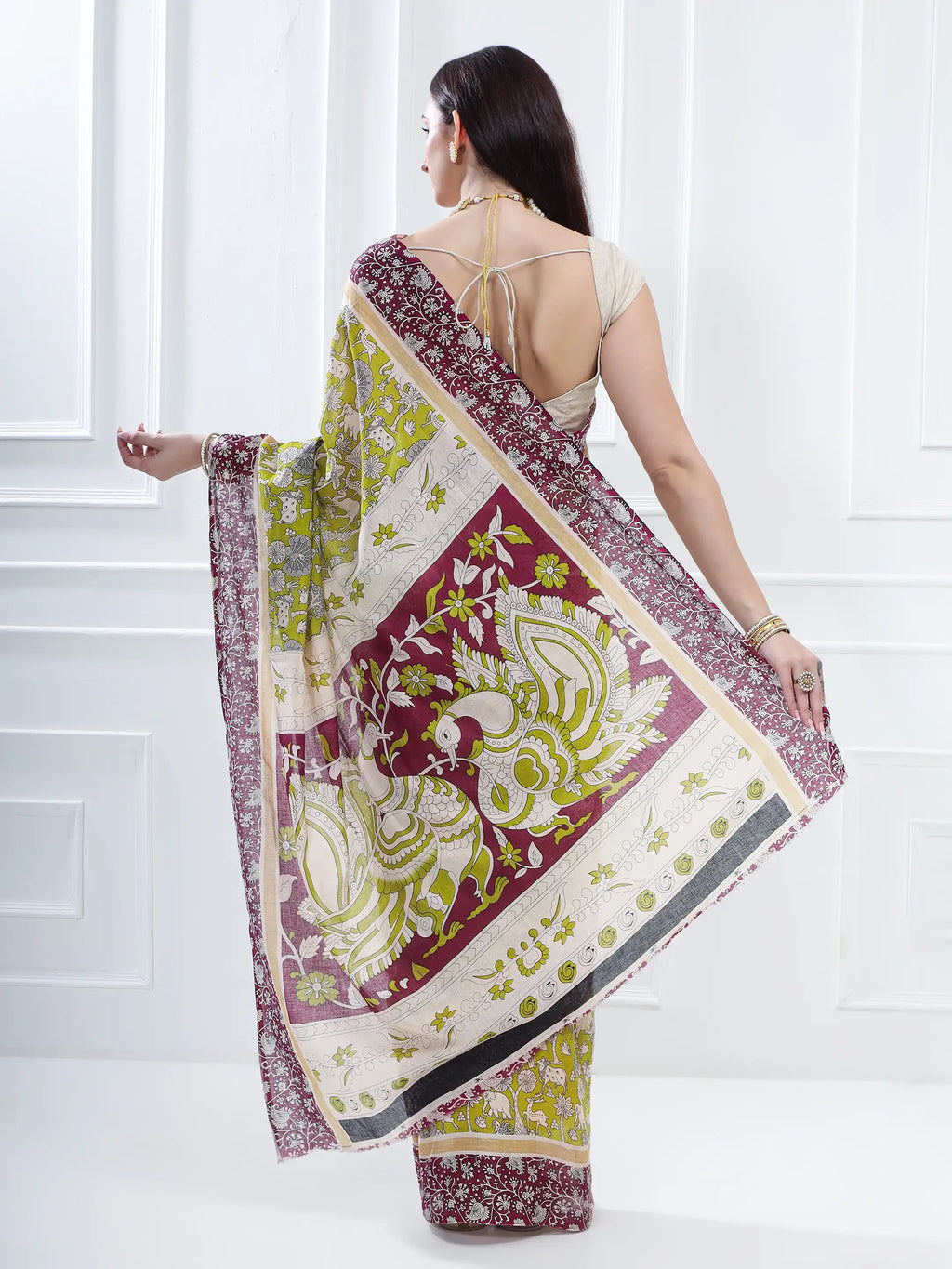 Ajrakh Print Cotton Saree - Green and Magenta