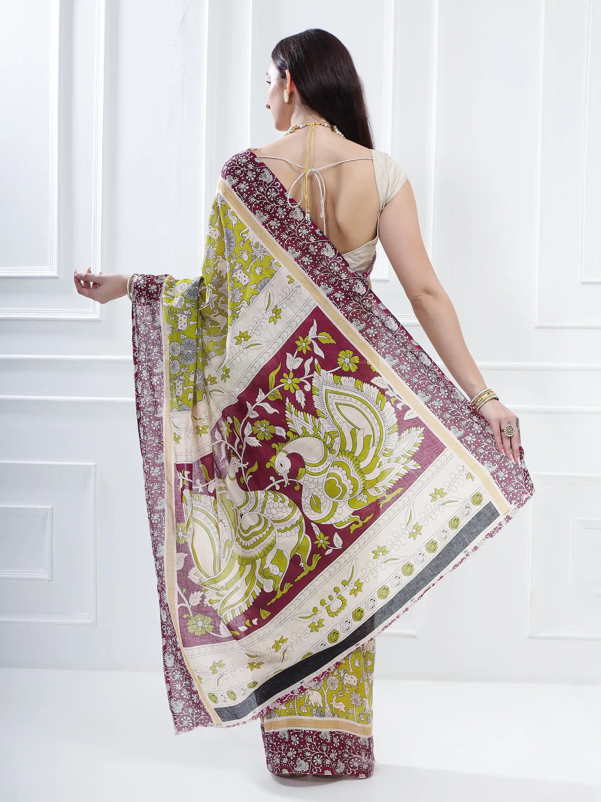 Ajrakh Print Cotton Saree - Green and Magenta