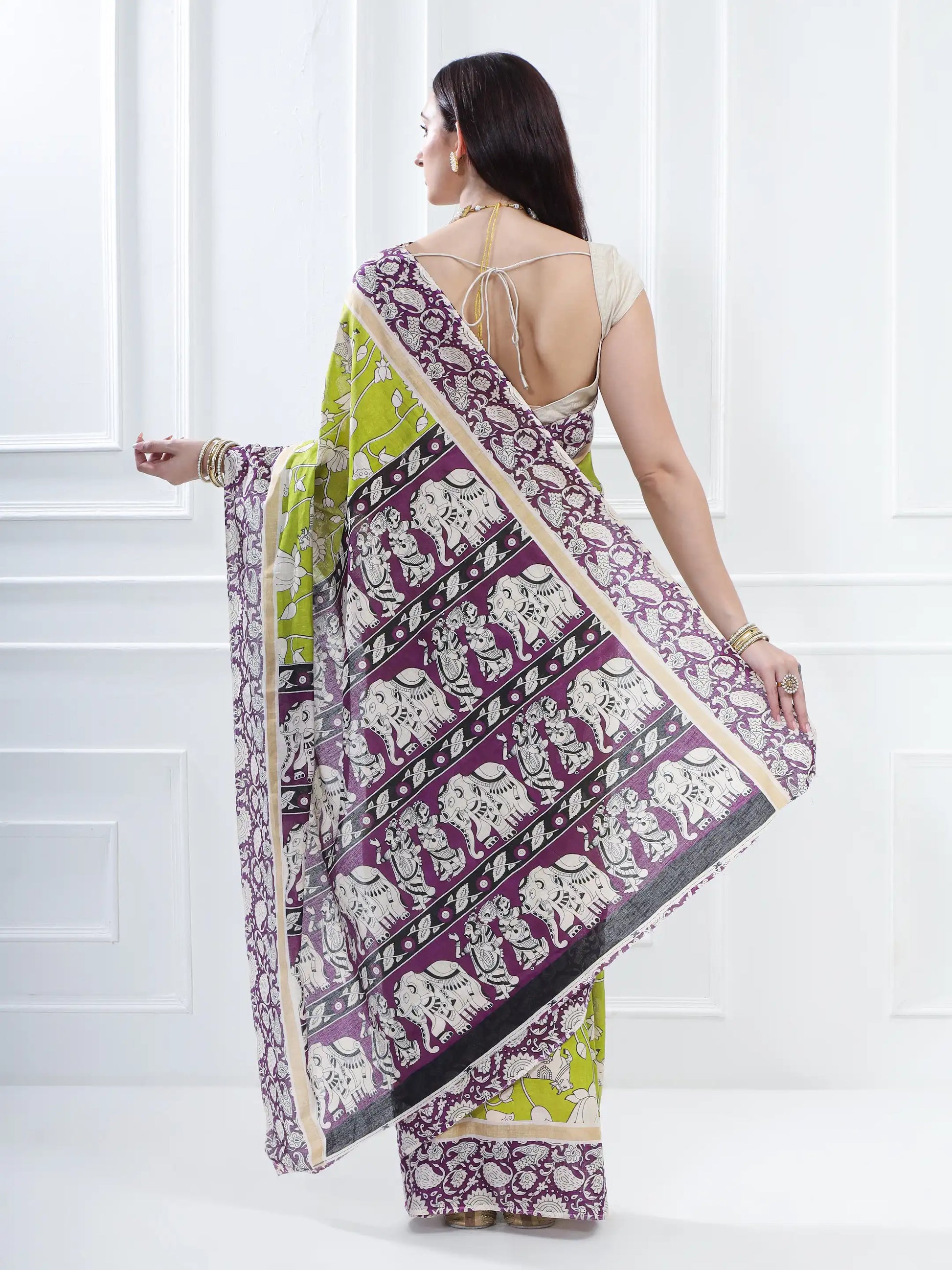 Ajrakh Print Cotton Saree - Green & Purple