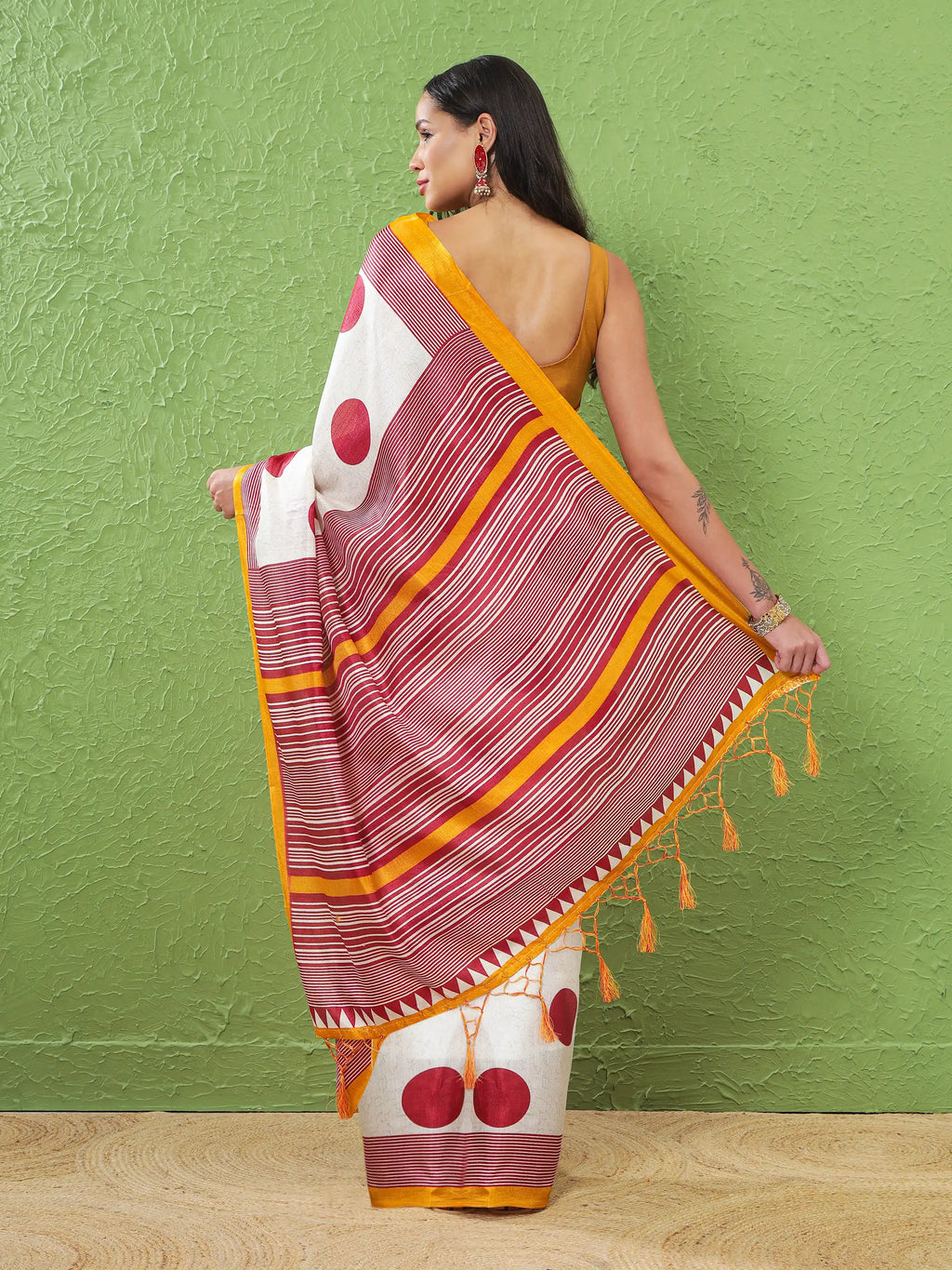 Khadi Silk Saree with Polka Motifs & Yellow Accent