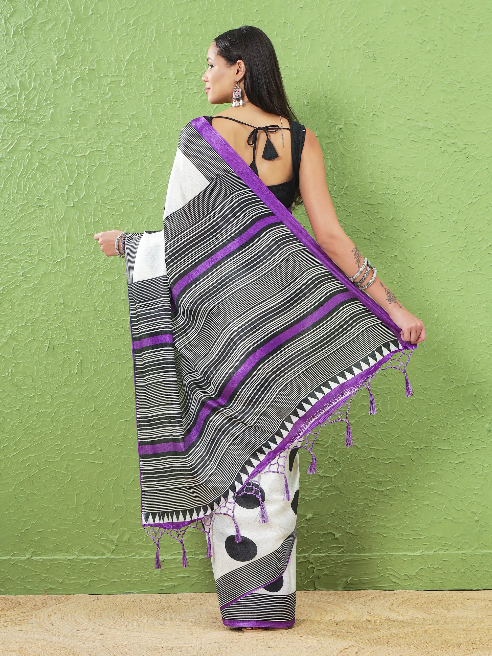Khadi Silk Saree with Polka Motifs & Purple Accents