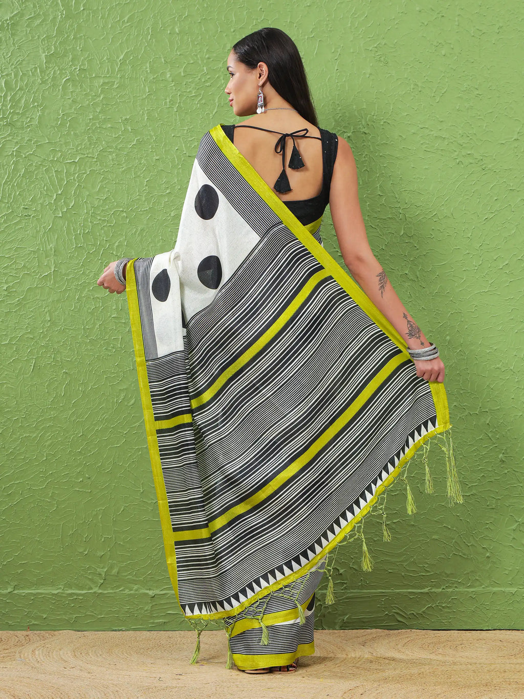 Khadi Silk Saree with Polka Motifs & Neon Accent