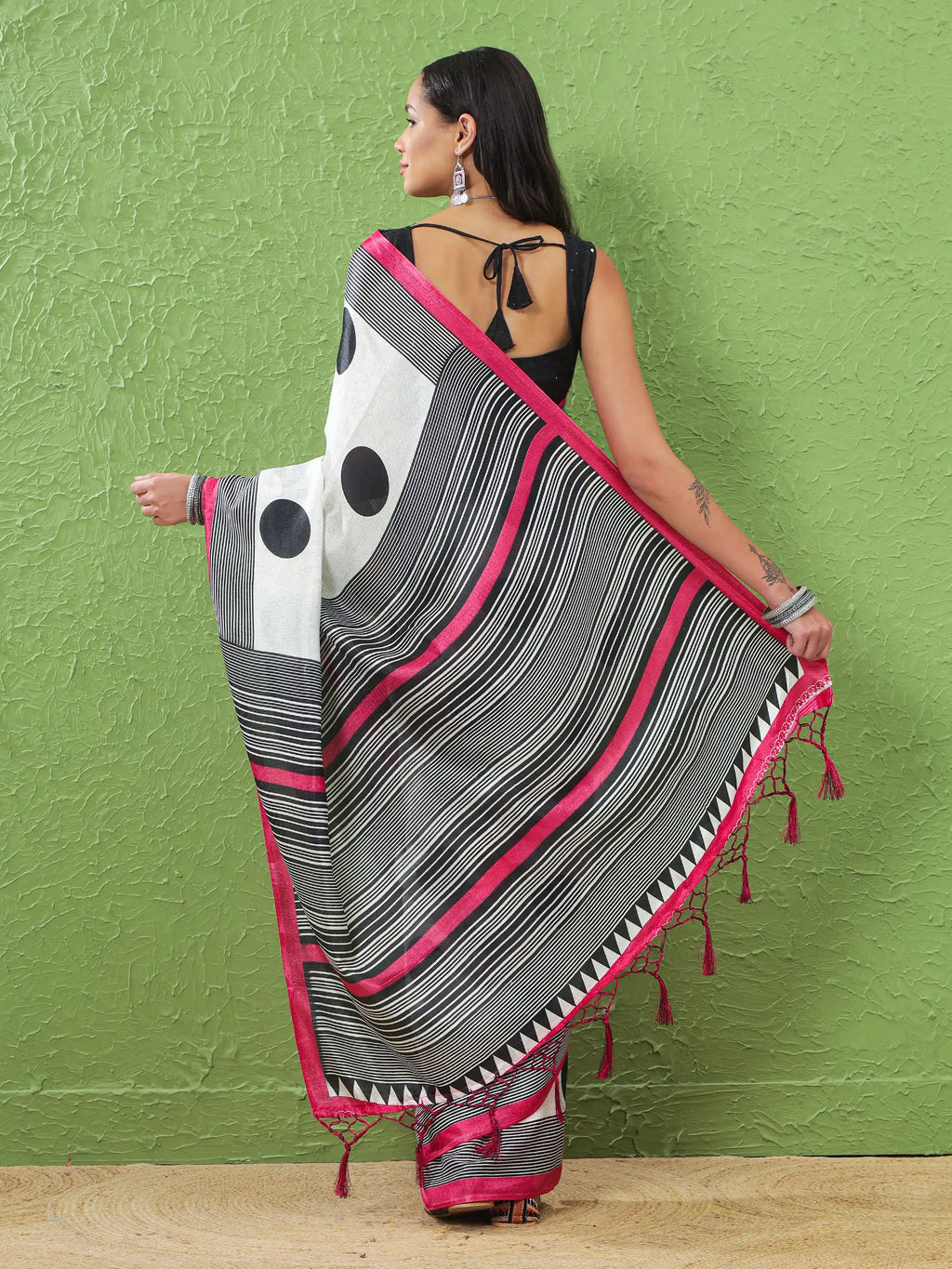 Khadi Silk Saree with Polka Motifs & Pink Accent