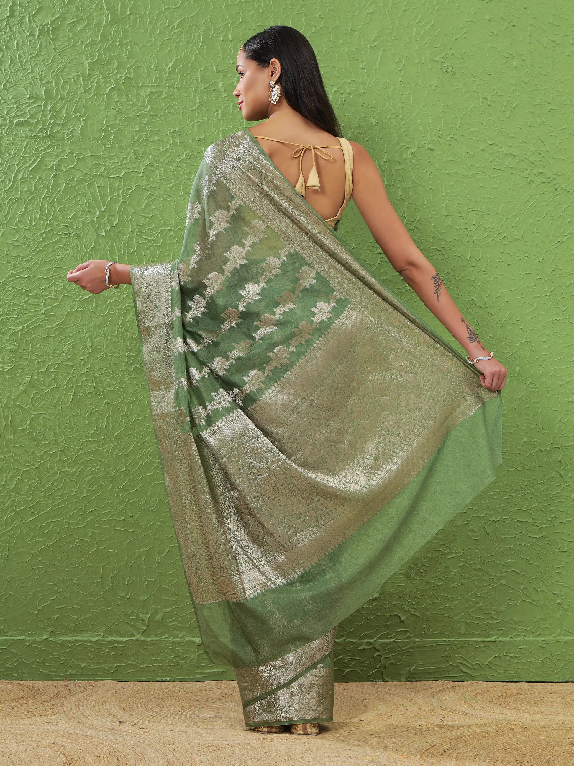Banarasi Silk Heavy Zari Work - Muted Sage