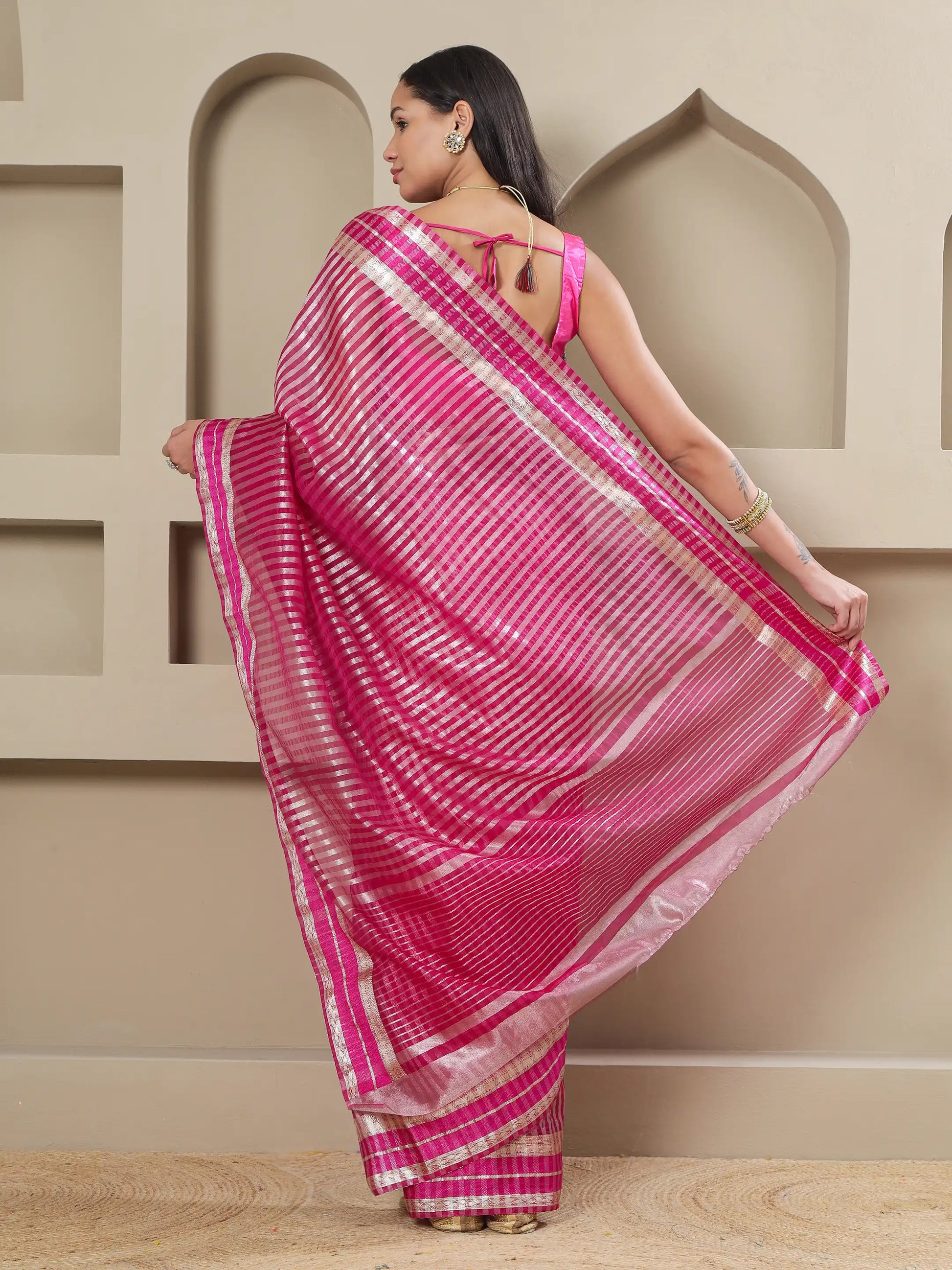 Banarasi Striped Zari Tissue Saree - Pink
