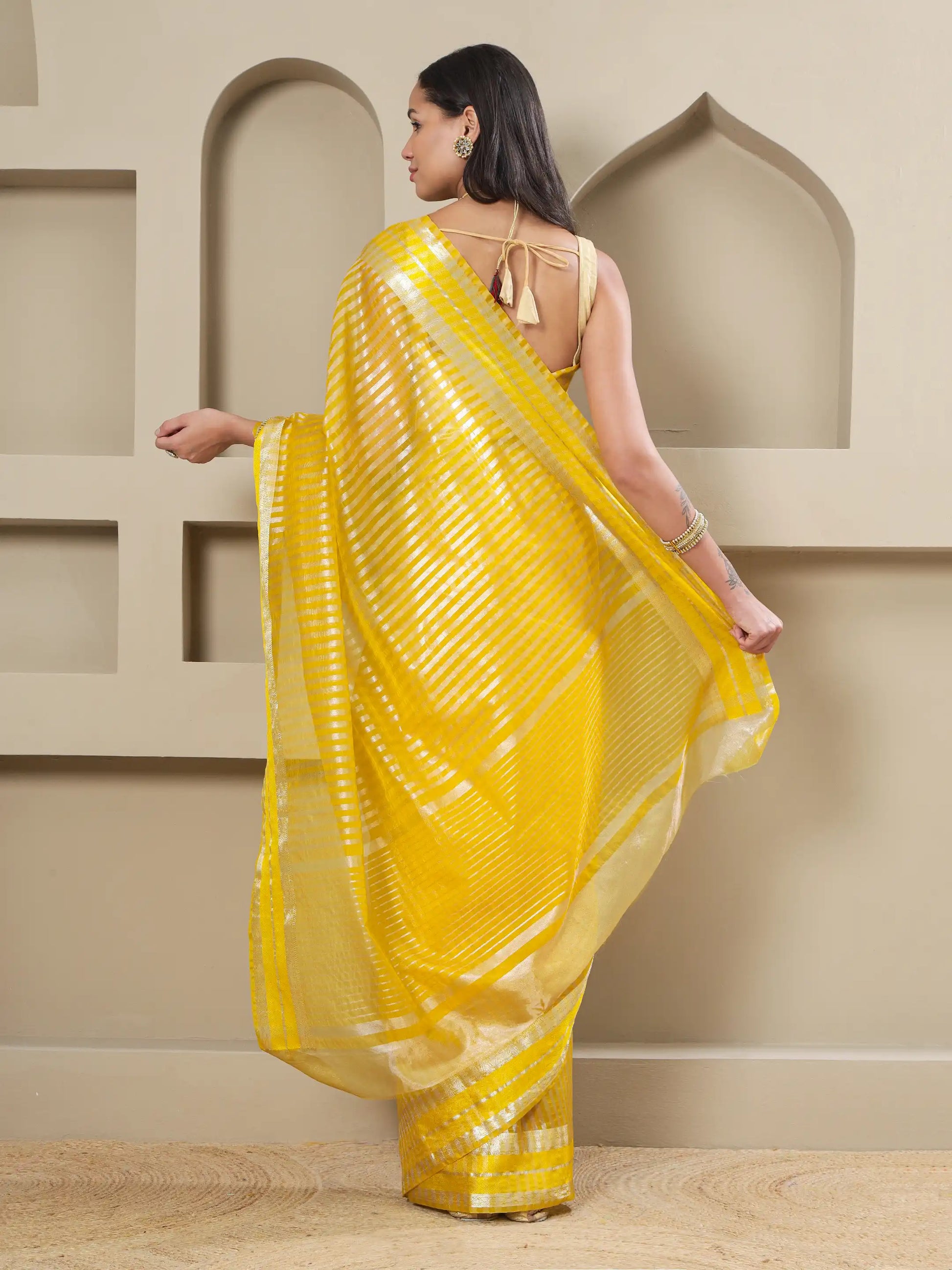 Banarasi Striped Zari Tissue Saree - Yellow