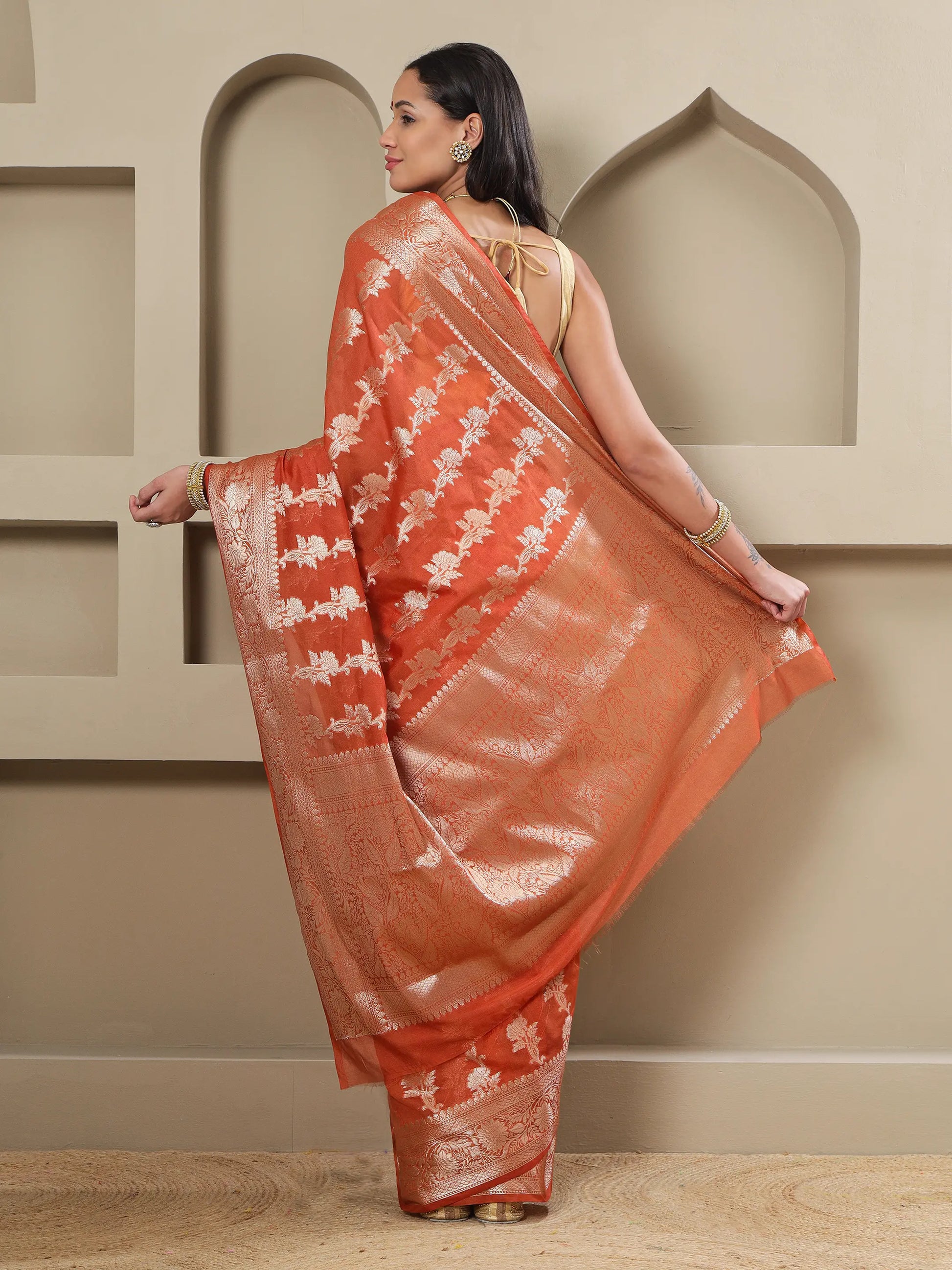 Banarasi Silk Heavy Zari Work - Tangerine Orange