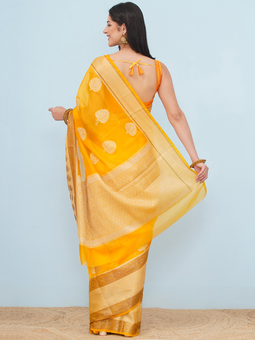 Banarasi Organza Broad Border Saree - Mango Yellow