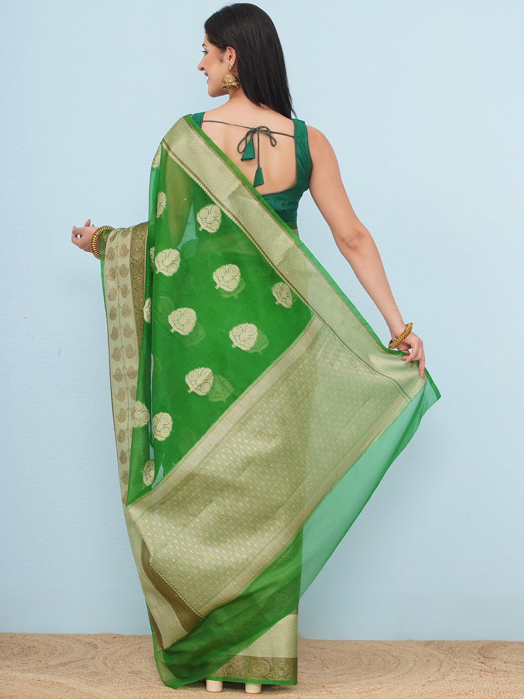 Banarasi Organza Broad Border Saree - Emerald Green