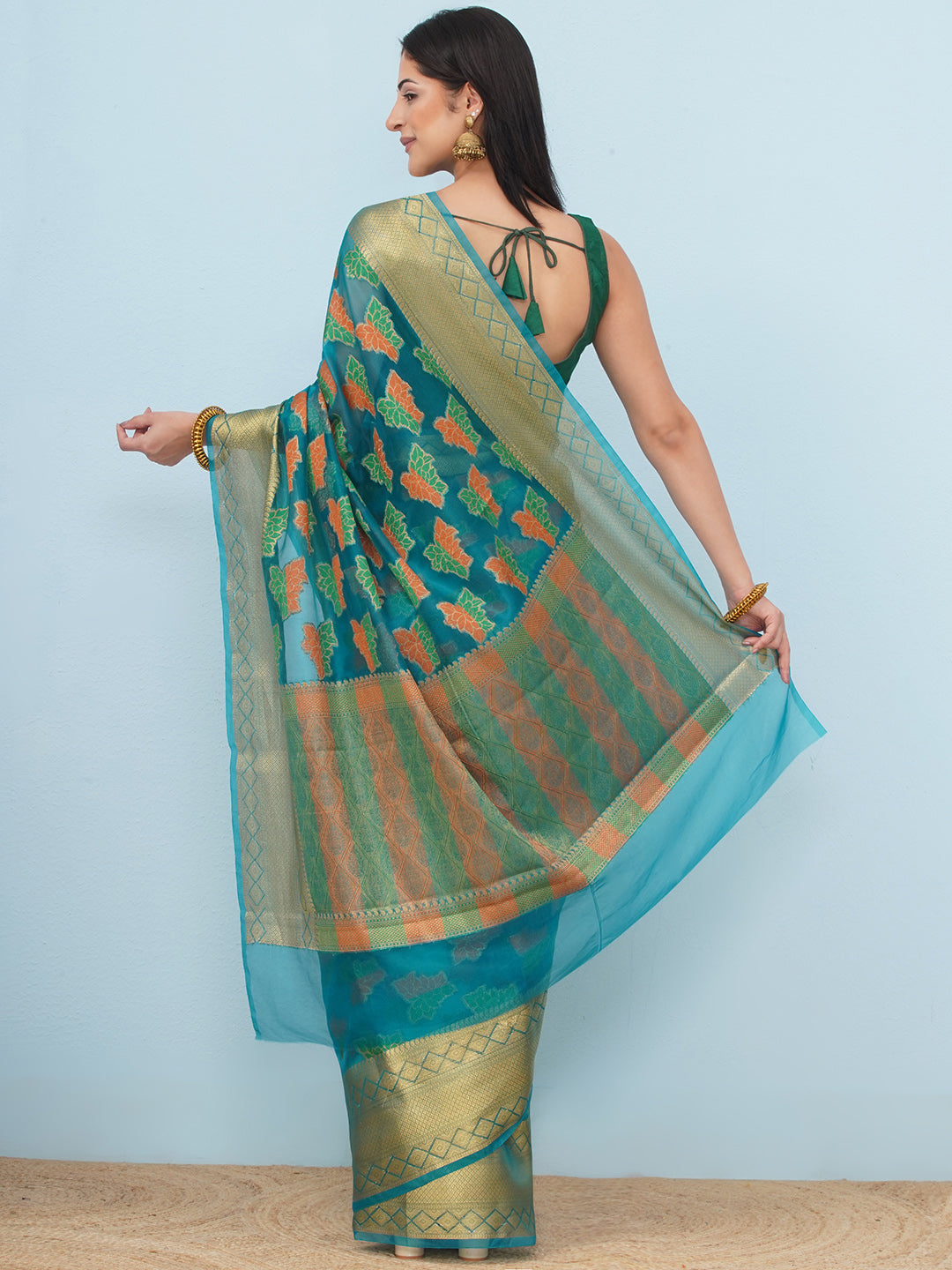 Banarasi Organza Saree with Golden Zari Border - Teal Blue