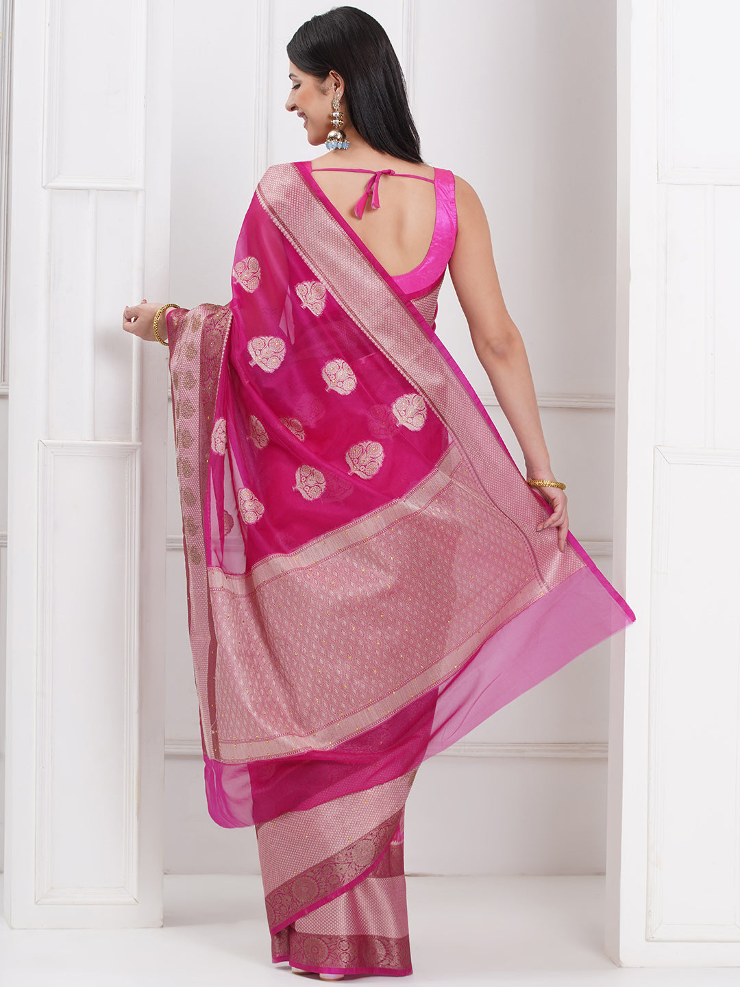 Banarasi Organza Broad Border Saree - Rani Pink