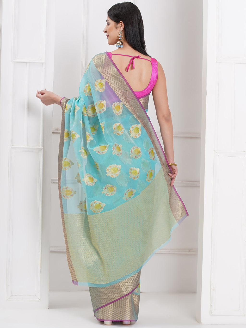 Banarasi Organza Saree with Golden Zari Border - Sky Blue