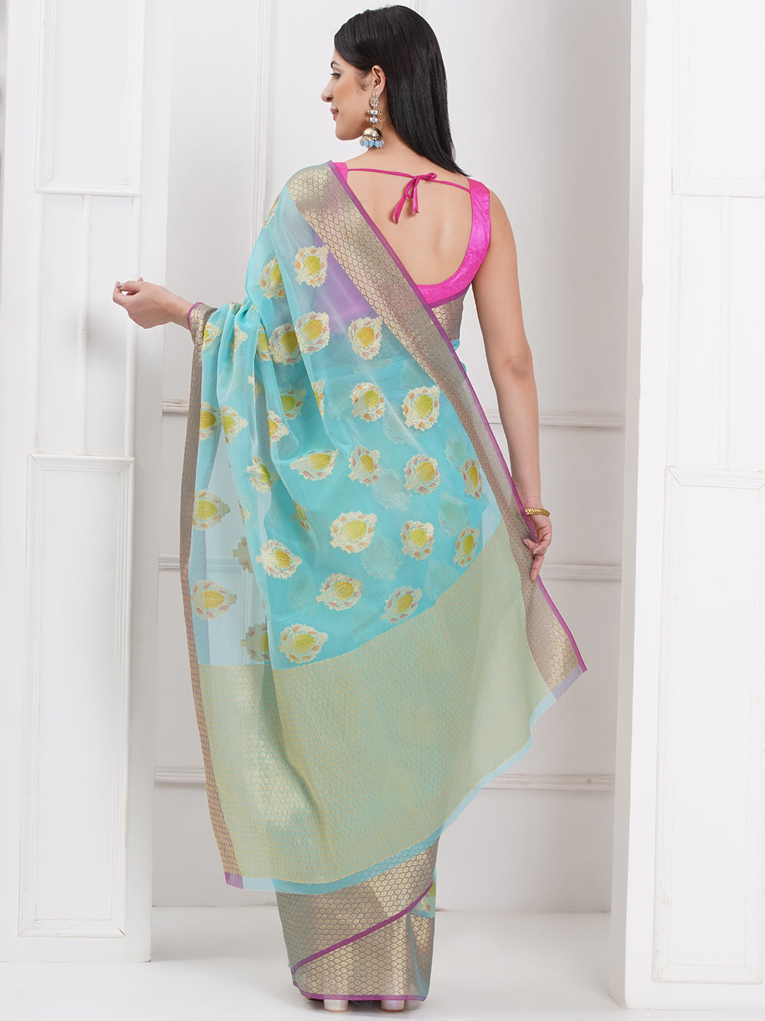 Banarasi Organza Saree with Golden Zari Border - Sky Blue