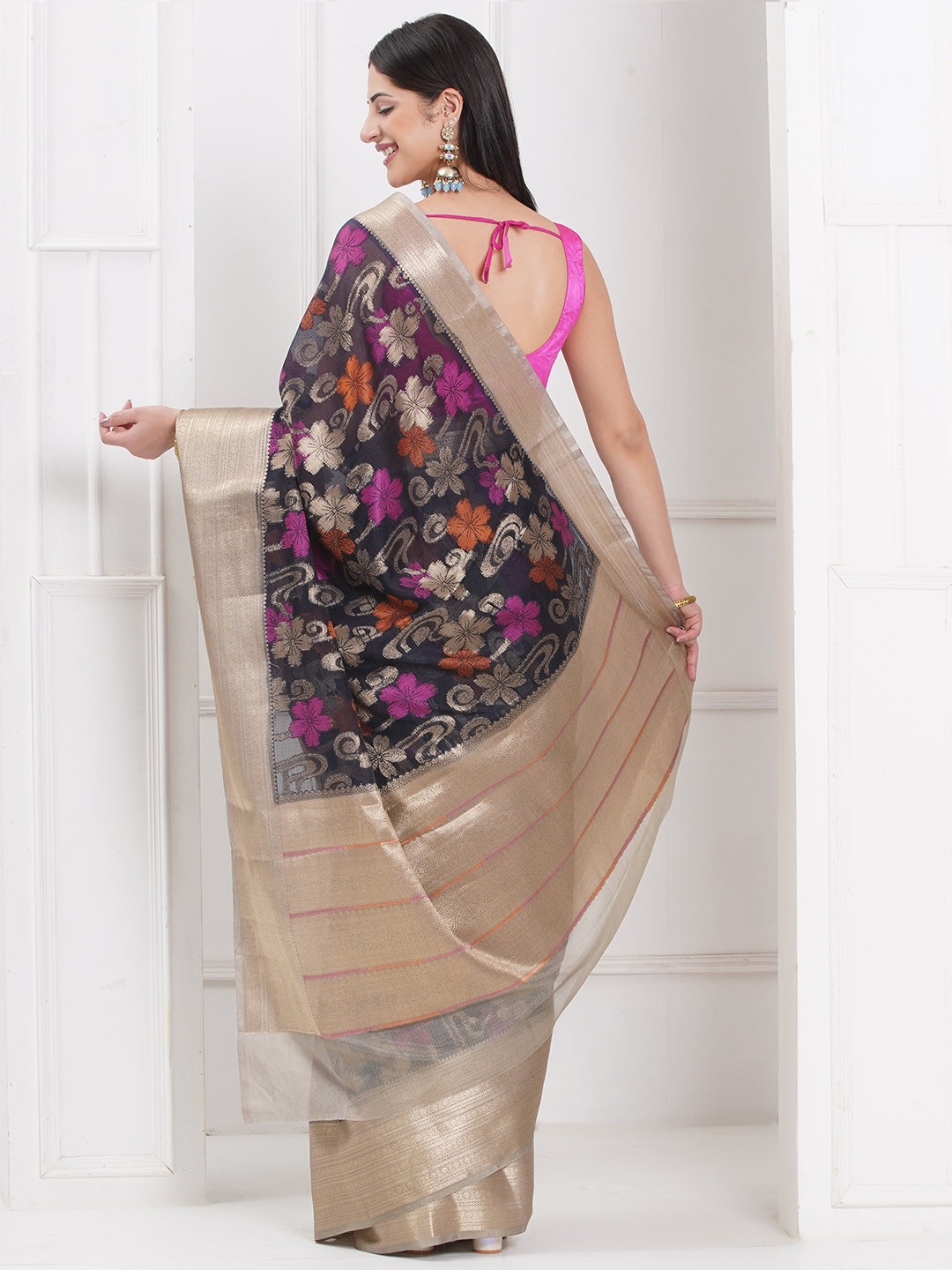 Banarasi Organza Saree With Golden Zari Border - Black