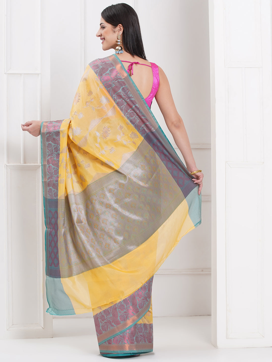 Banarasi Silk Blend Broad Border Saree – Golden Yellow