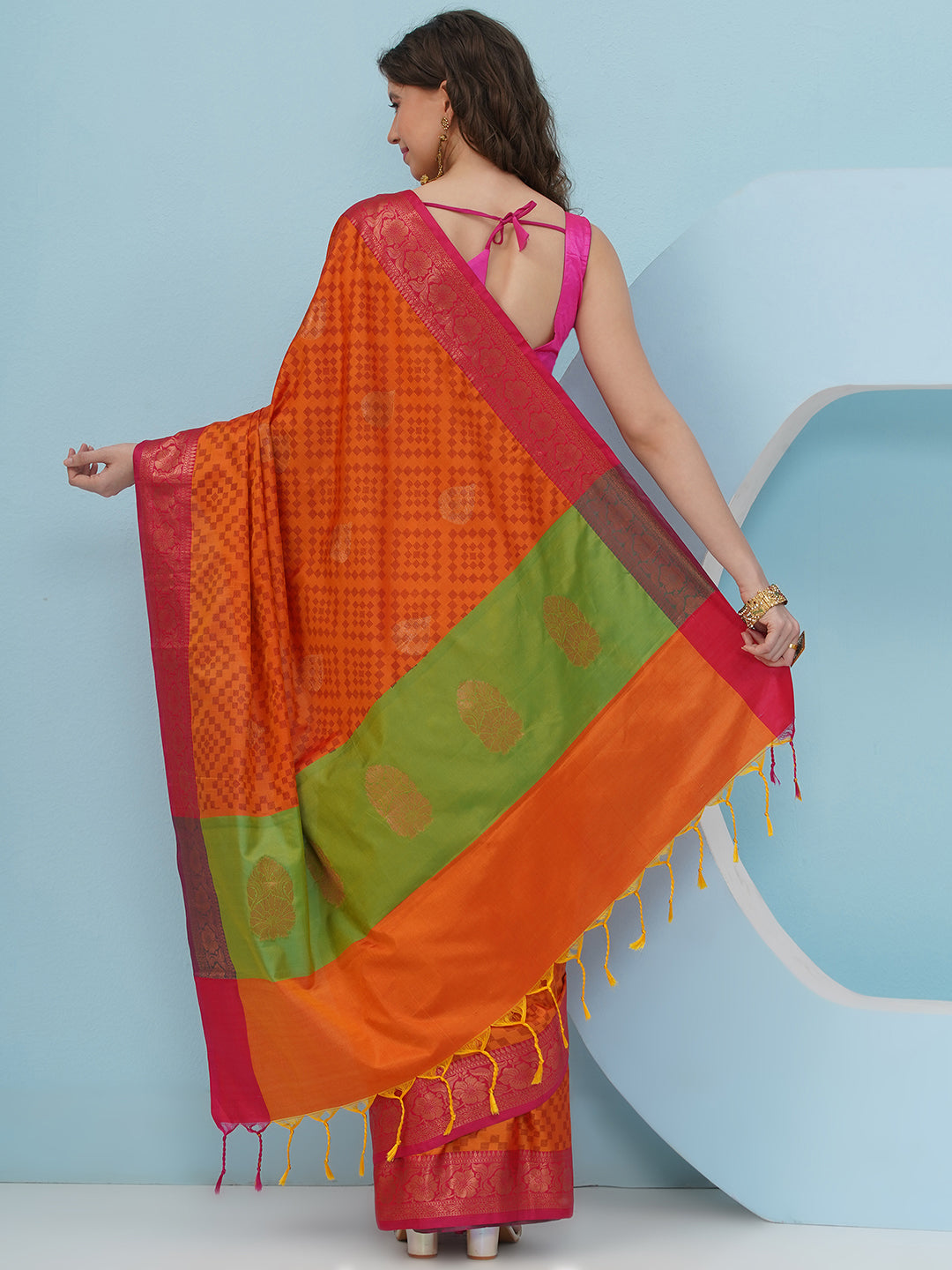 Banarasi Silk Blend Woven Border Saree – Tangerine Orange