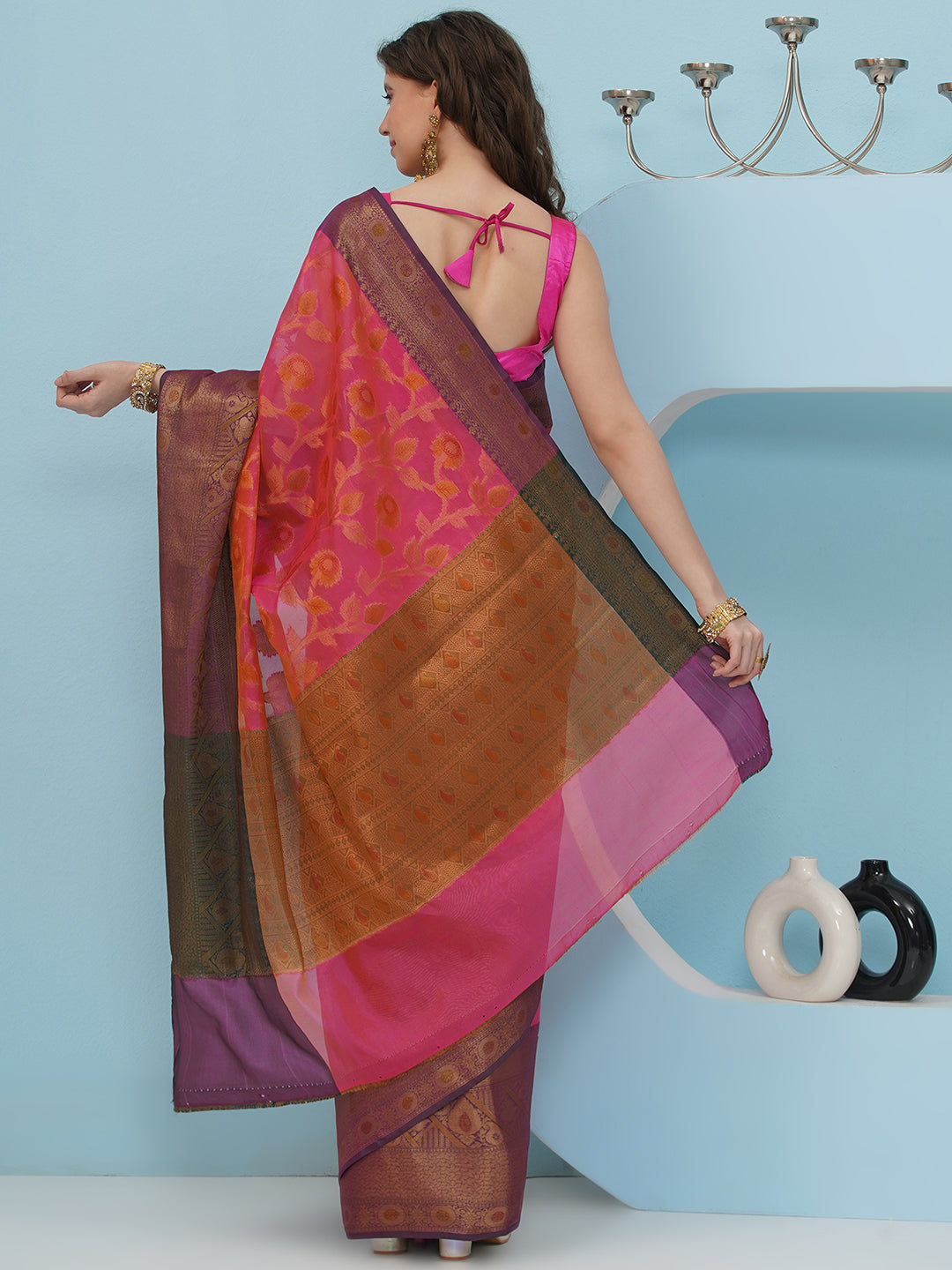 Banarasi Silk Blend Woven Border Saree – Magenta
