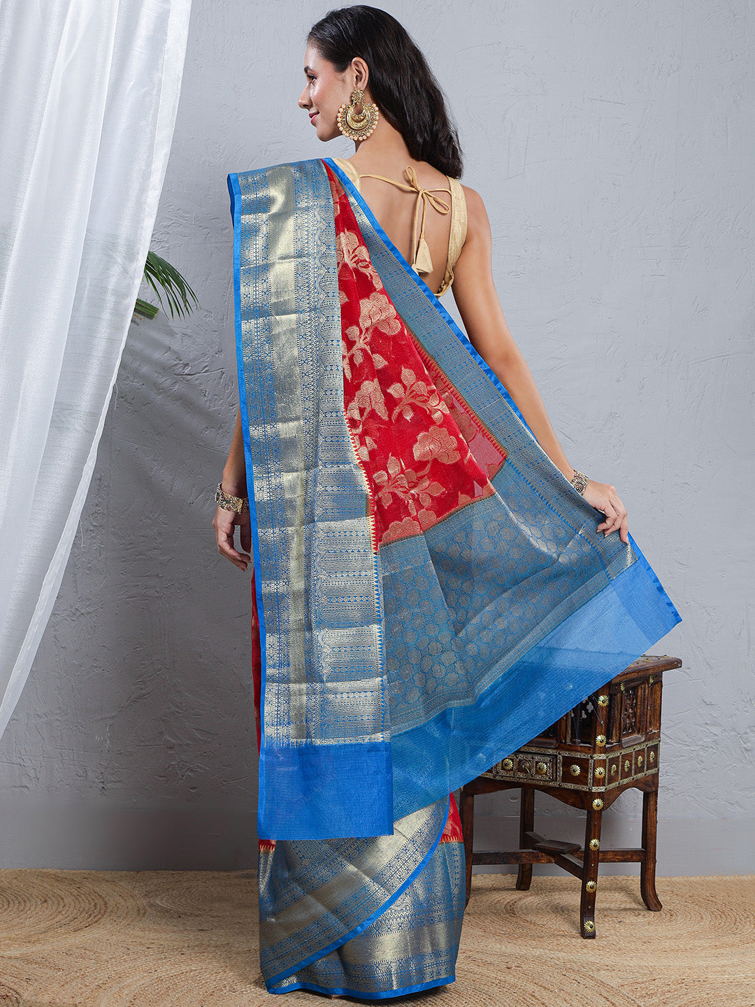 Banarasi Kota Silk Woven Skirt Body Saree - Red & Blue