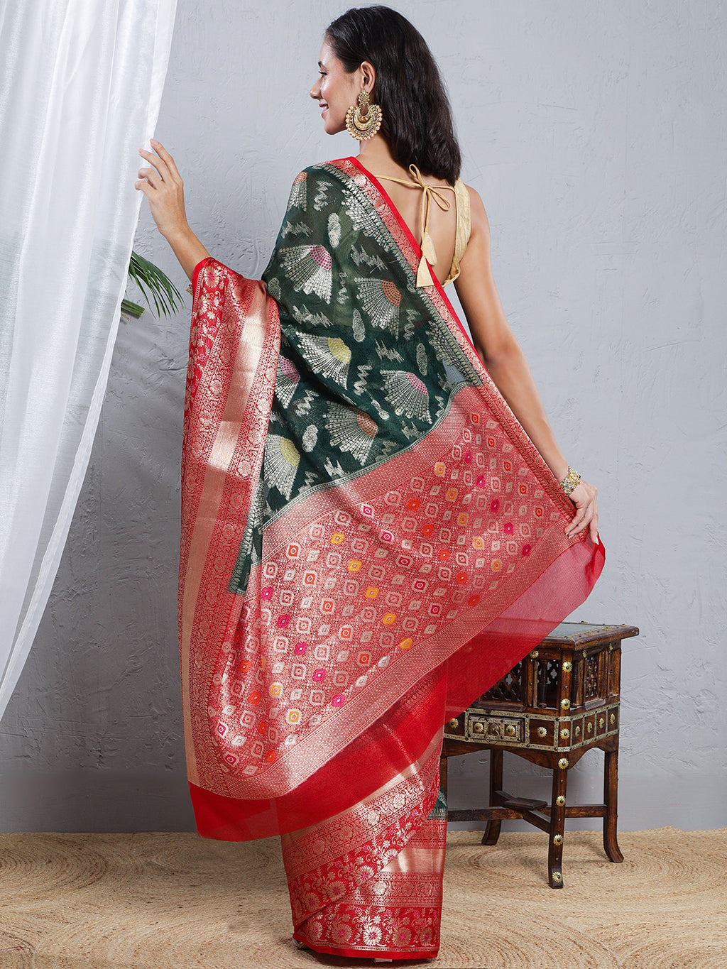 Banarasi Kota Silk Woven Skirt Border Saree - Deep Green & Red
