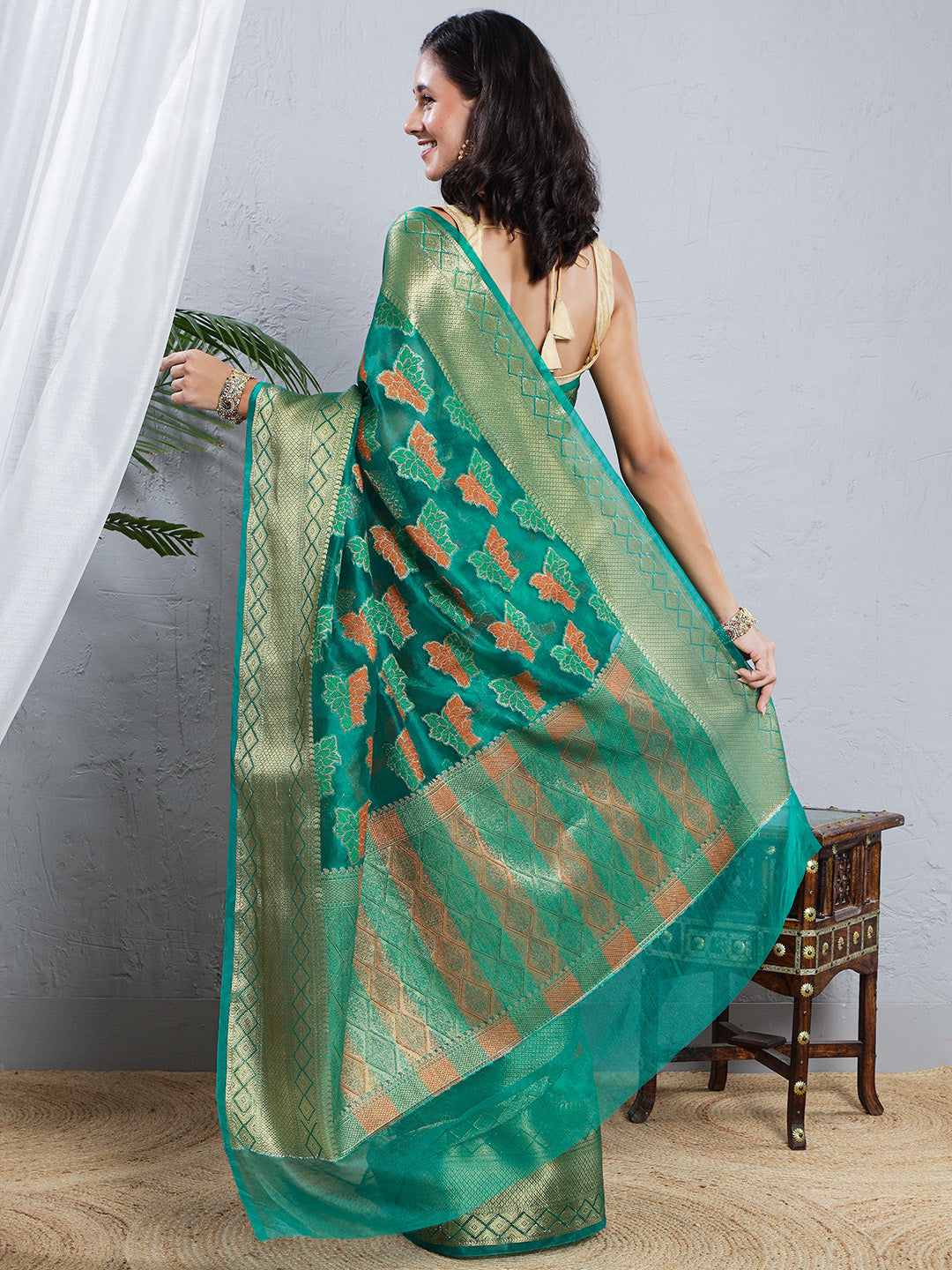 Banarasi Organza Saree with Golden Zari Border - Green
